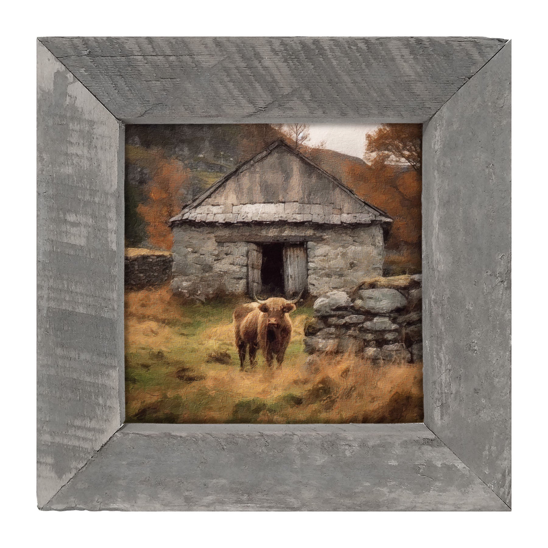 Highland Cow near Stone Wall - Framed art