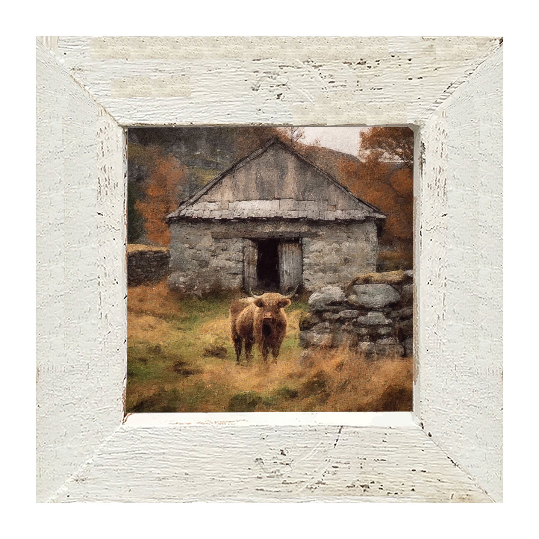 Highland Cow near Stone Wall - Framed art