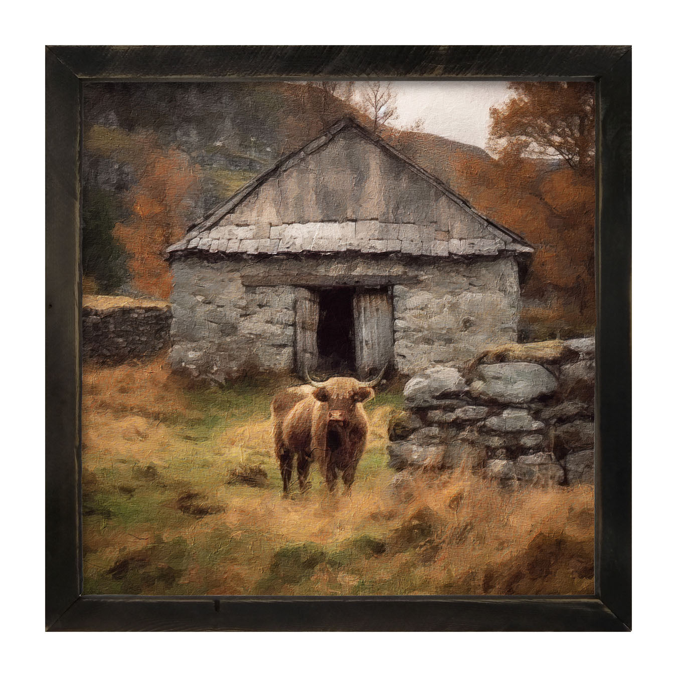 Highland Cow near Stone Wall - Framed art