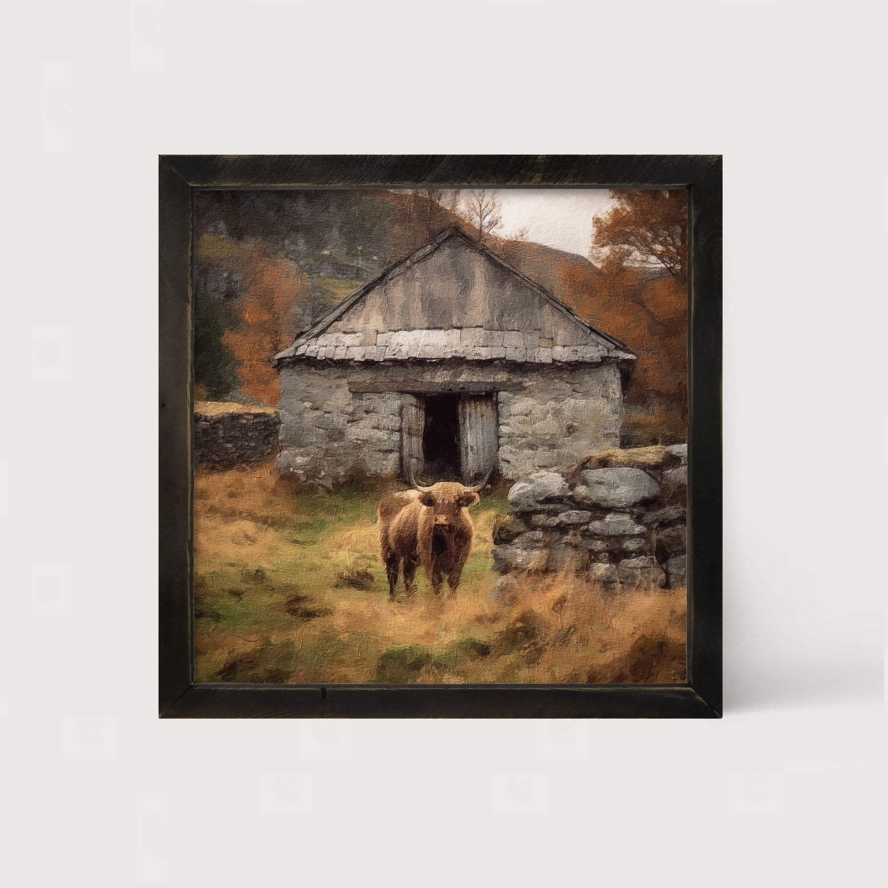 Highland Cow near Stone Wall - Framed art