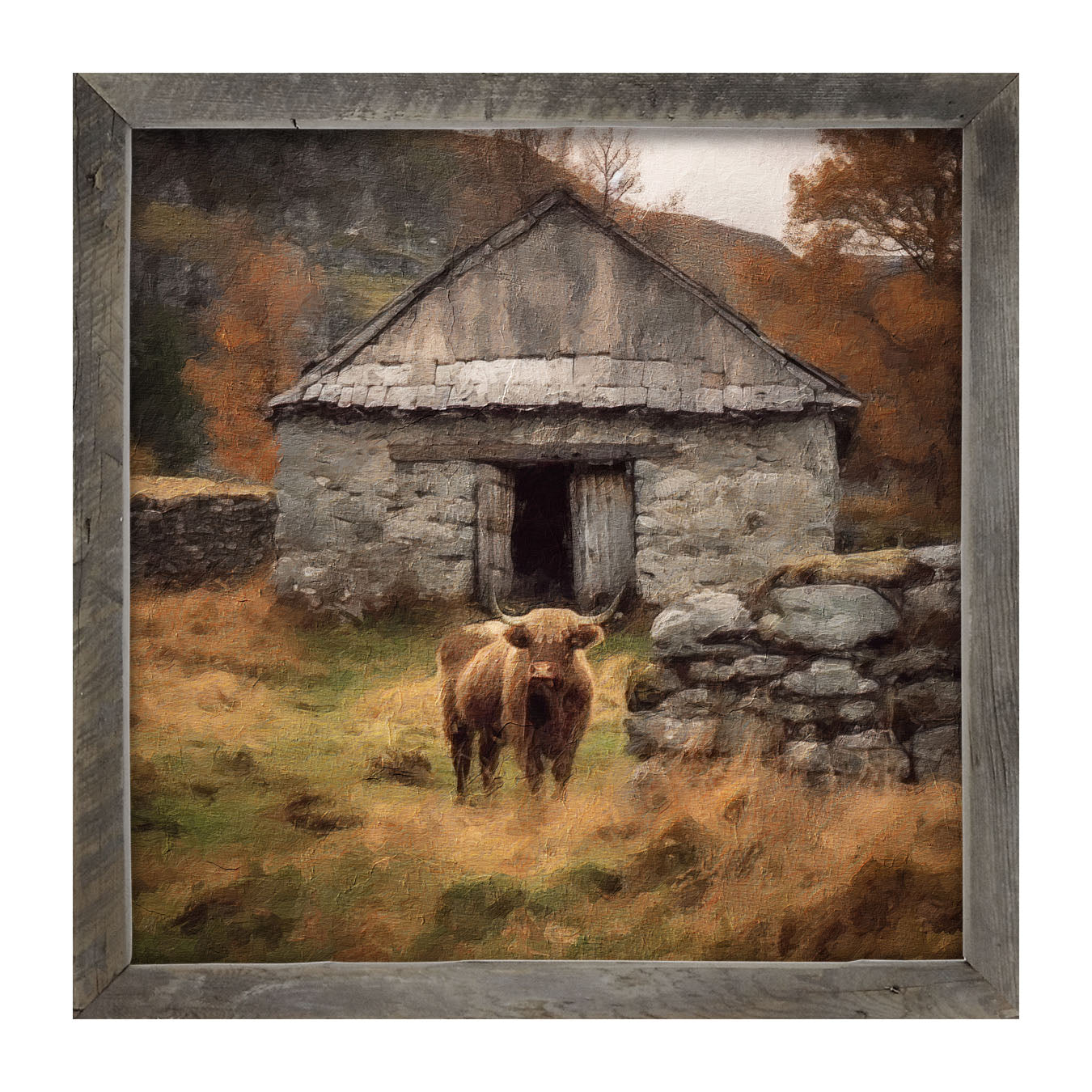 Highland Cow near Stone Wall - Framed art