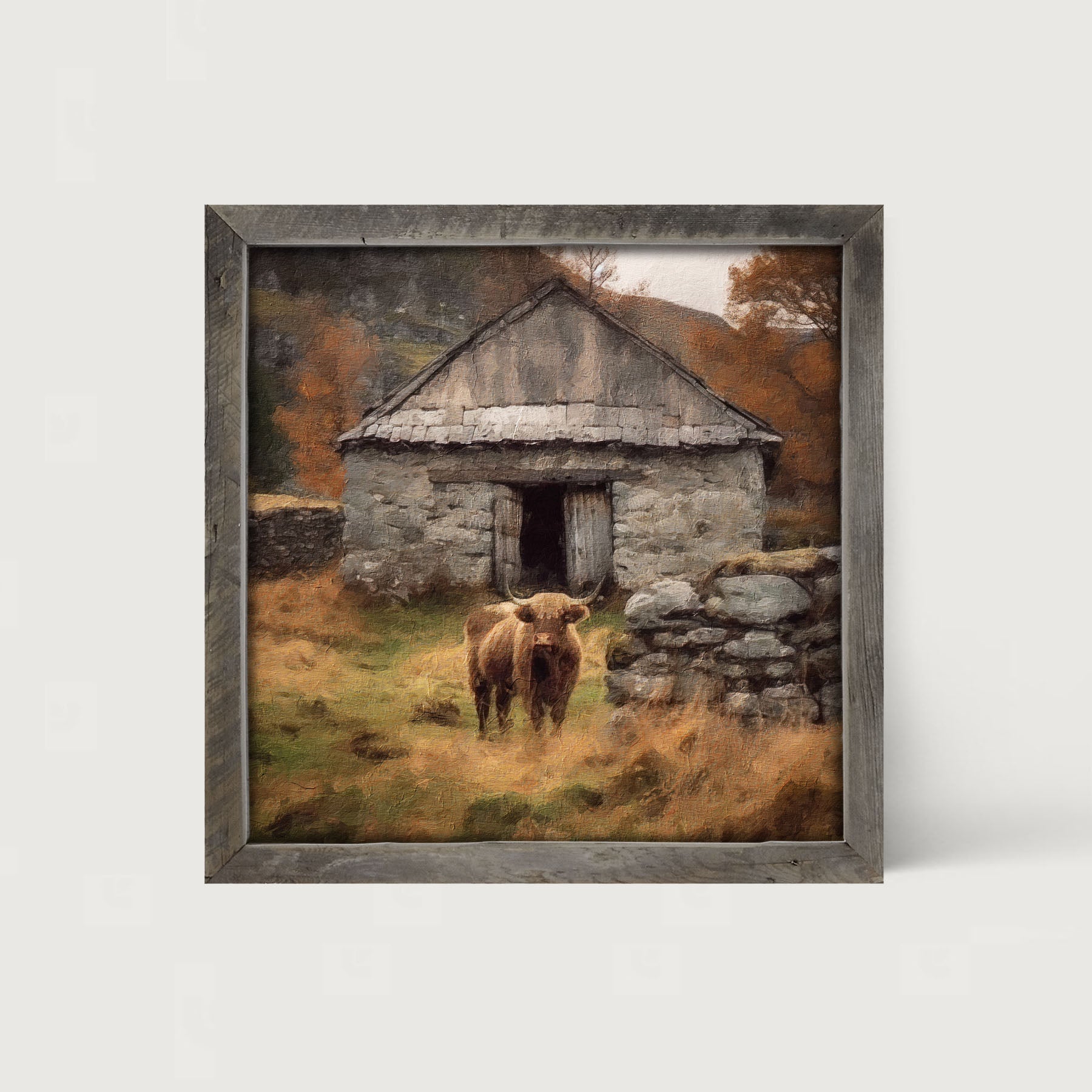 Highland Cow near Stone Wall - Framed art