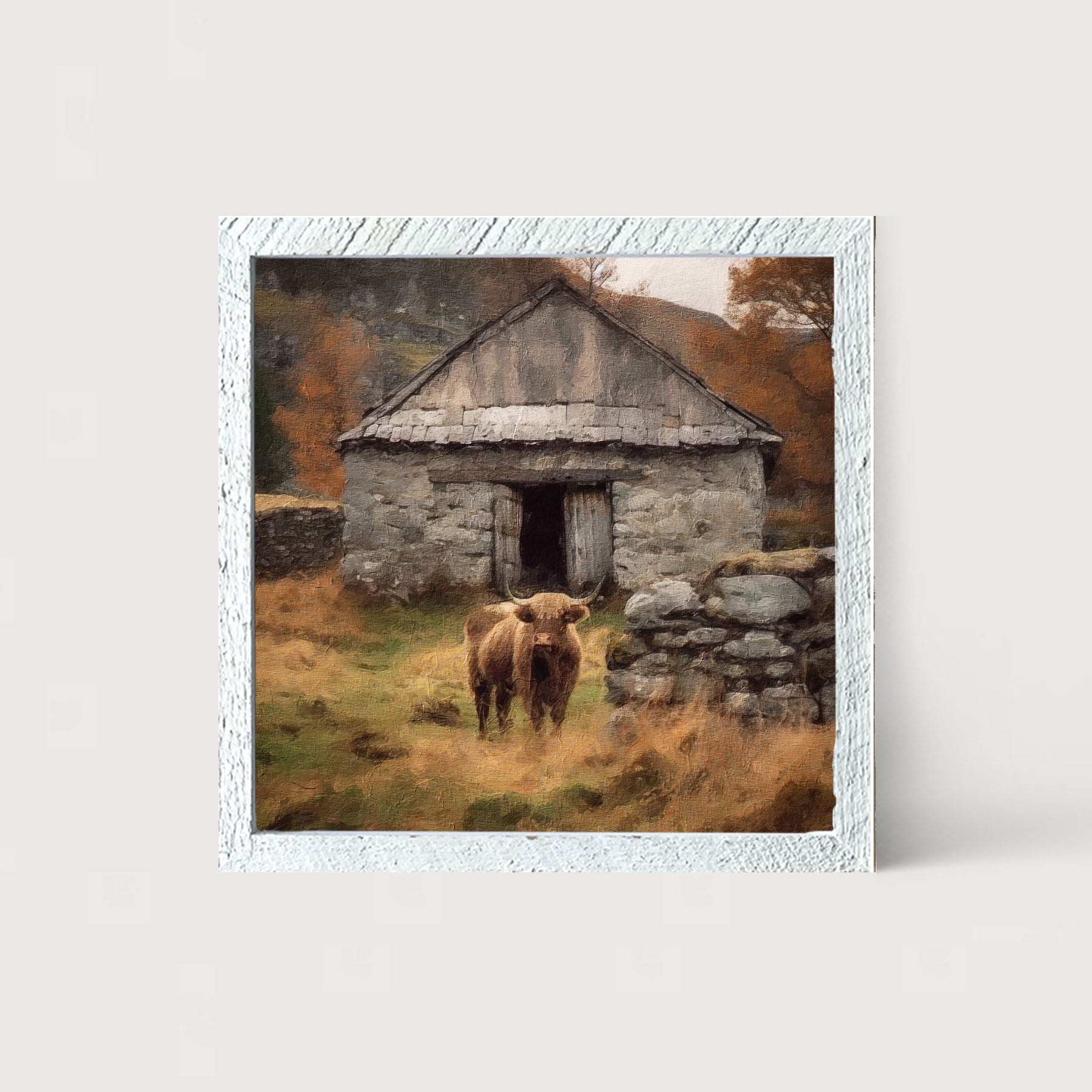 Highland Cow near Stone Wall - Framed art