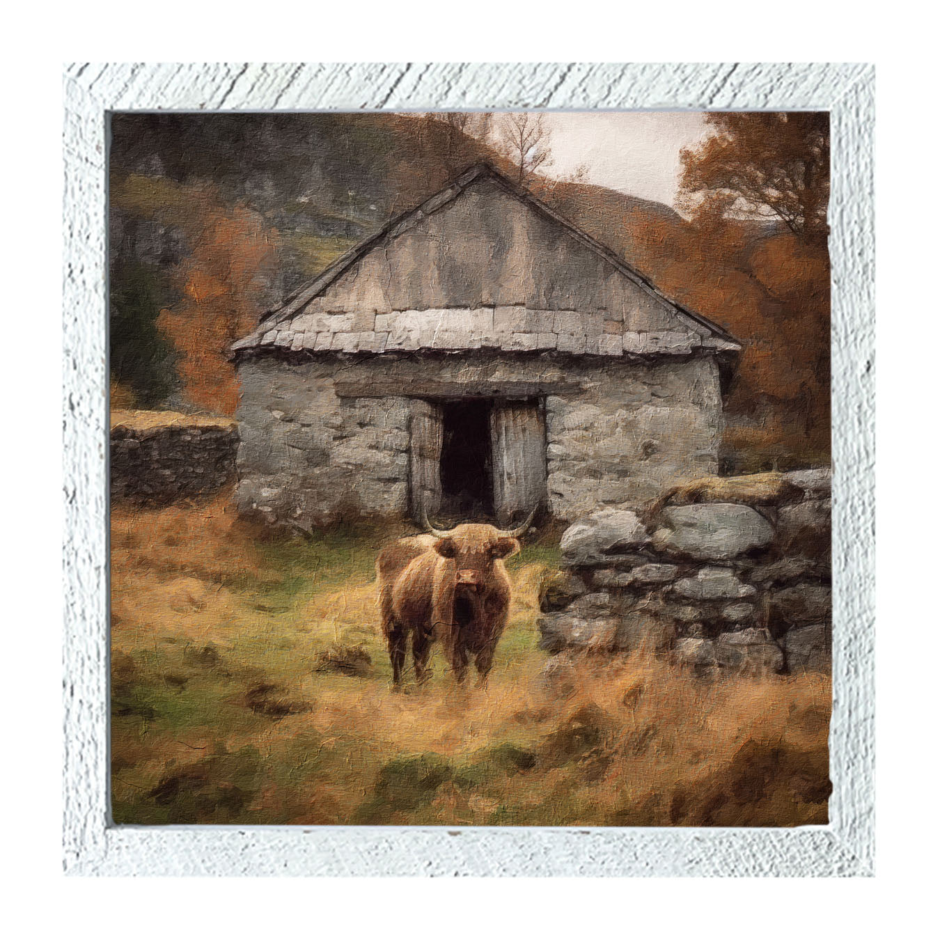 Highland Cow near Stone Wall - Framed art