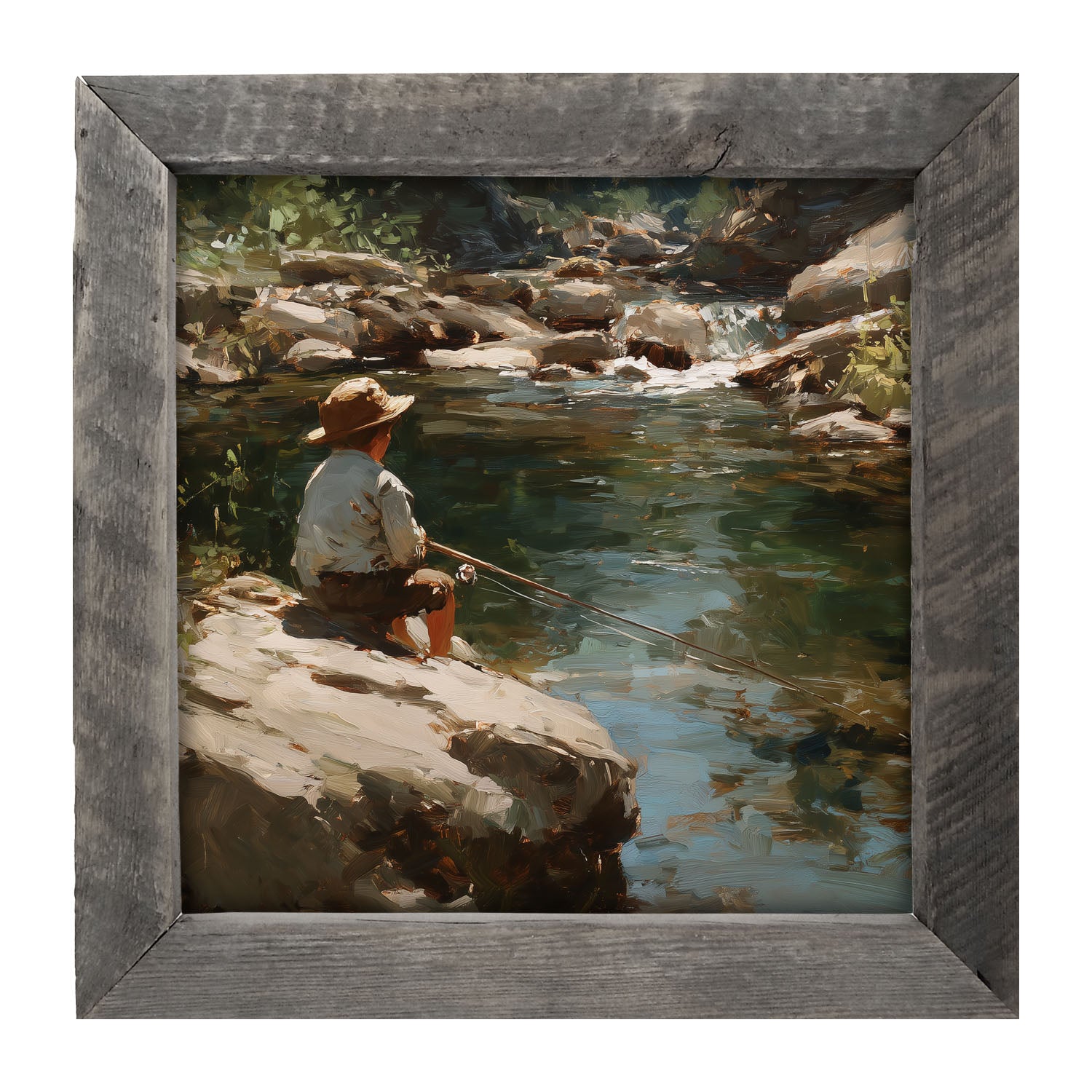 Fishing - Boy on River Rock - Framed Art