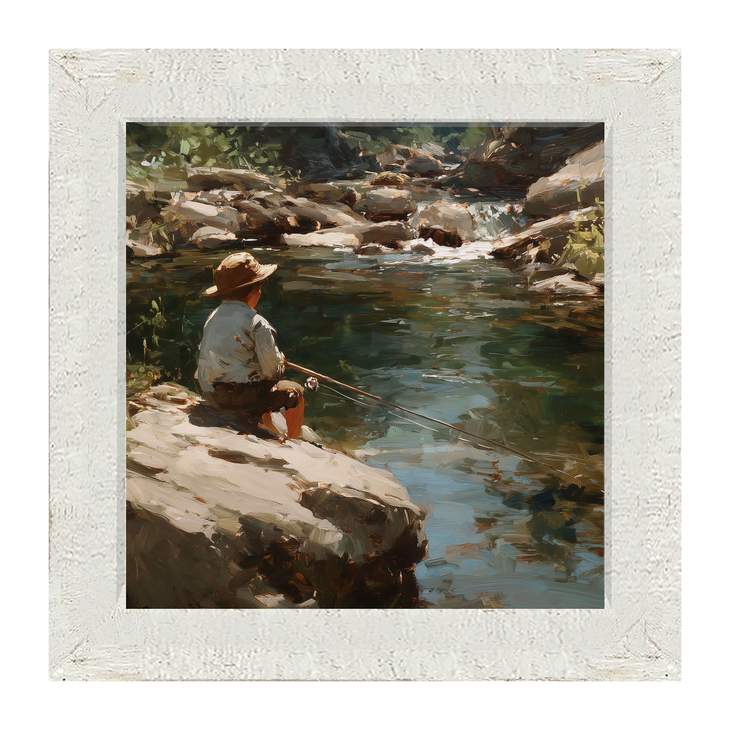 Fishing - Boy on River Rock - Framed Art