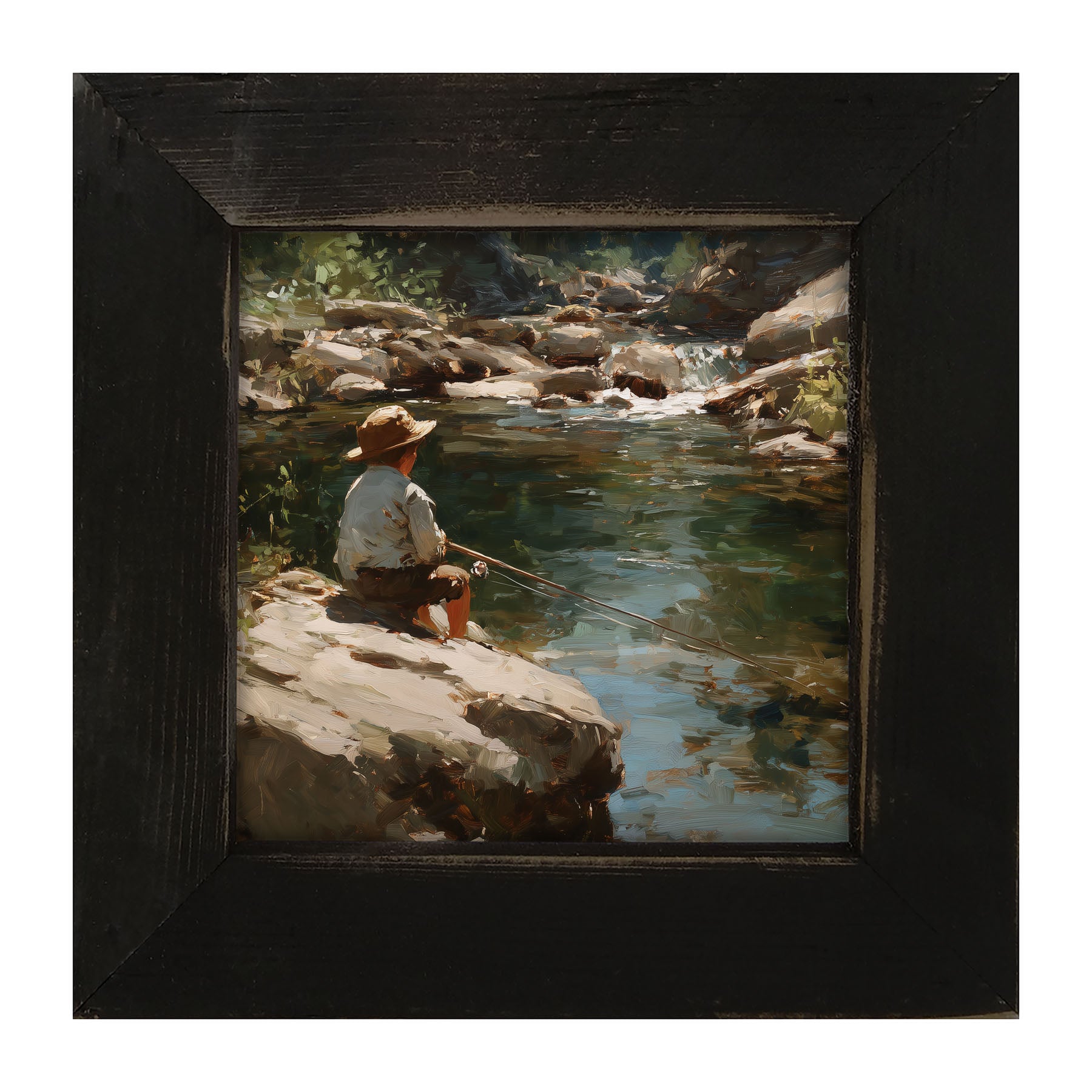 Fishing - Boy on River Rock - Framed Art