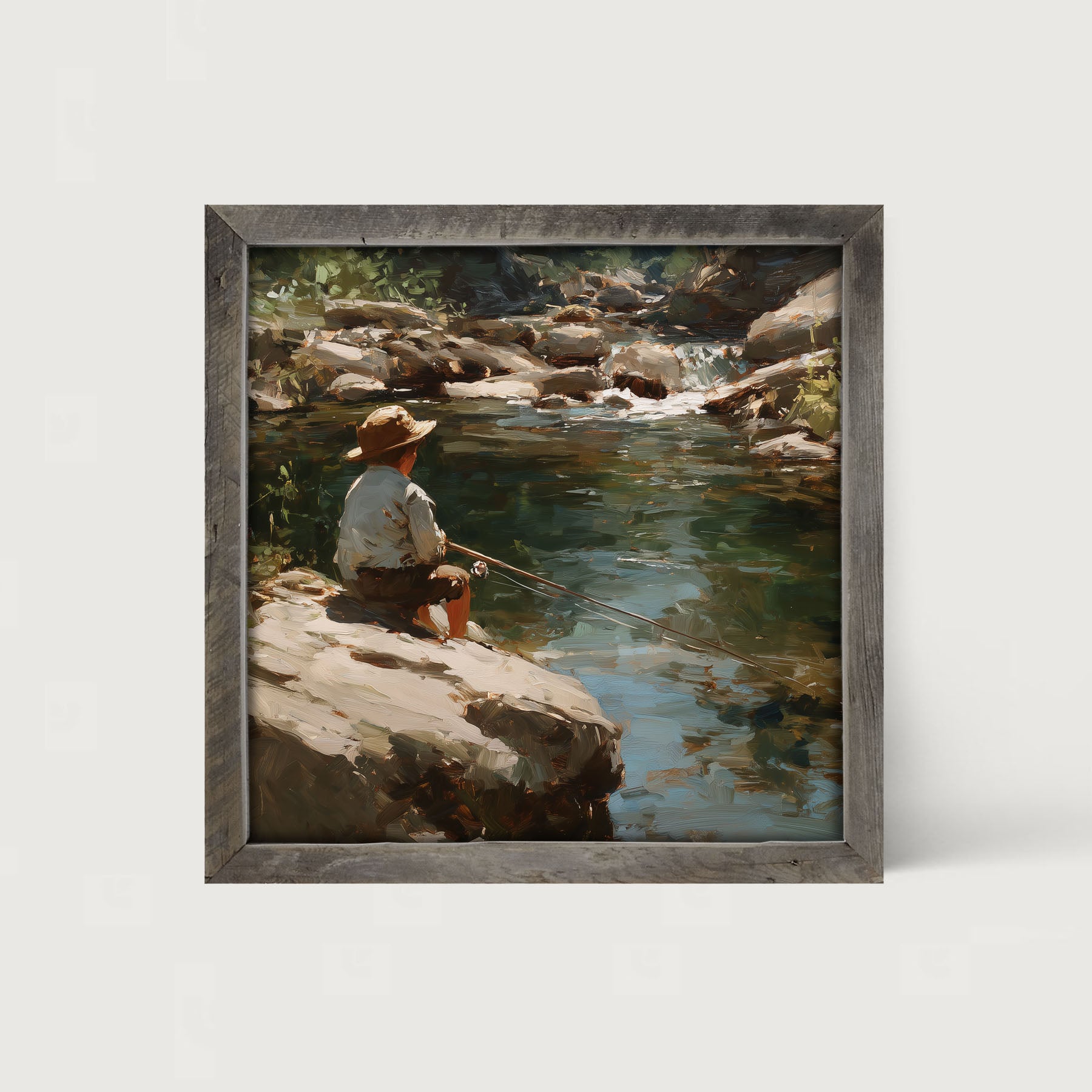 Fishing - Boy on River Rock - Framed Art