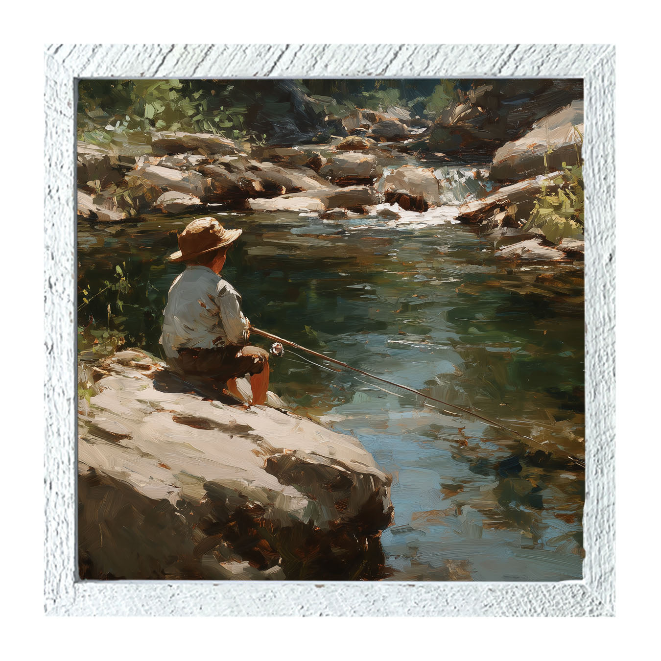 Fishing - Boy on River Rock - Framed Art