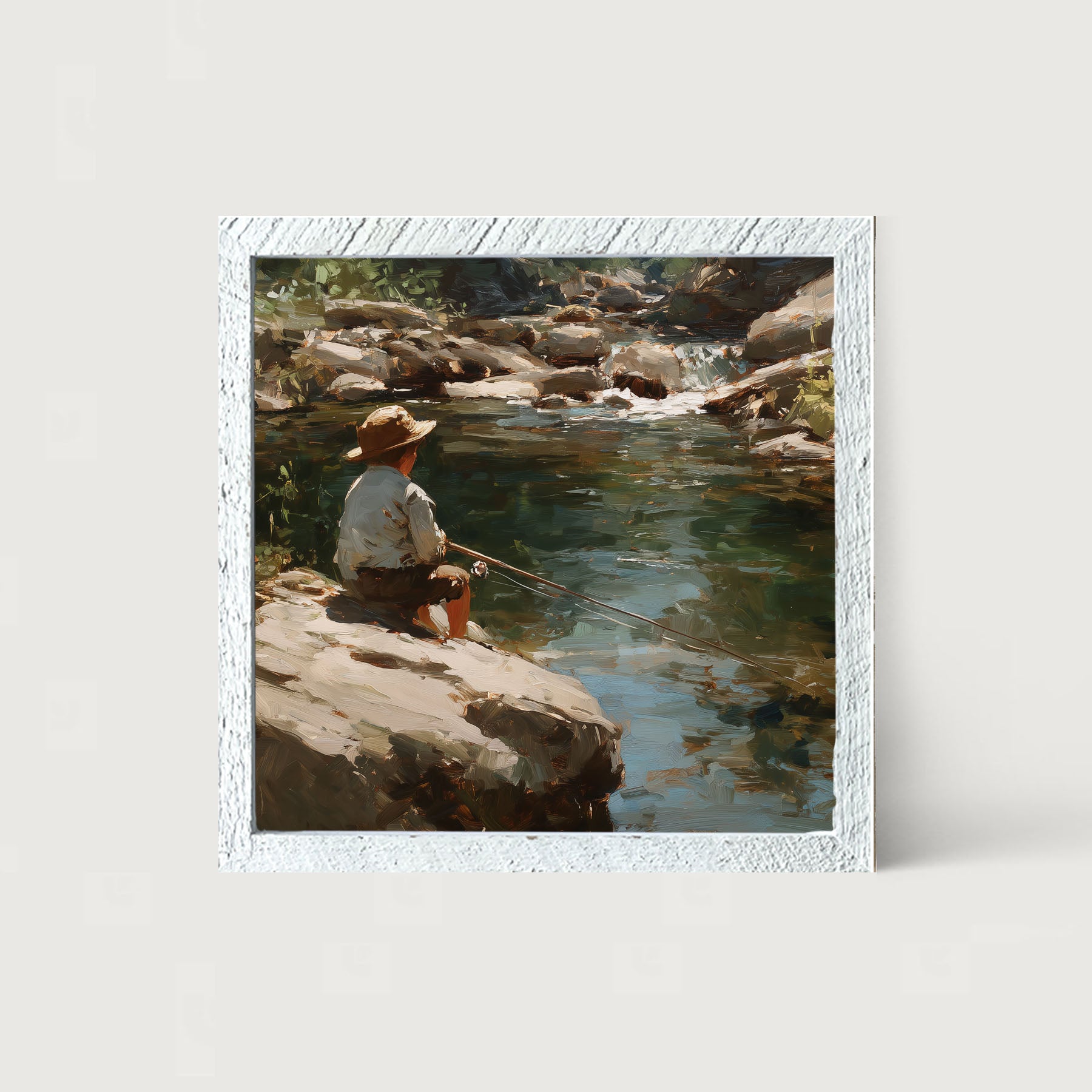 Fishing - Boy on River Rock - Framed Art