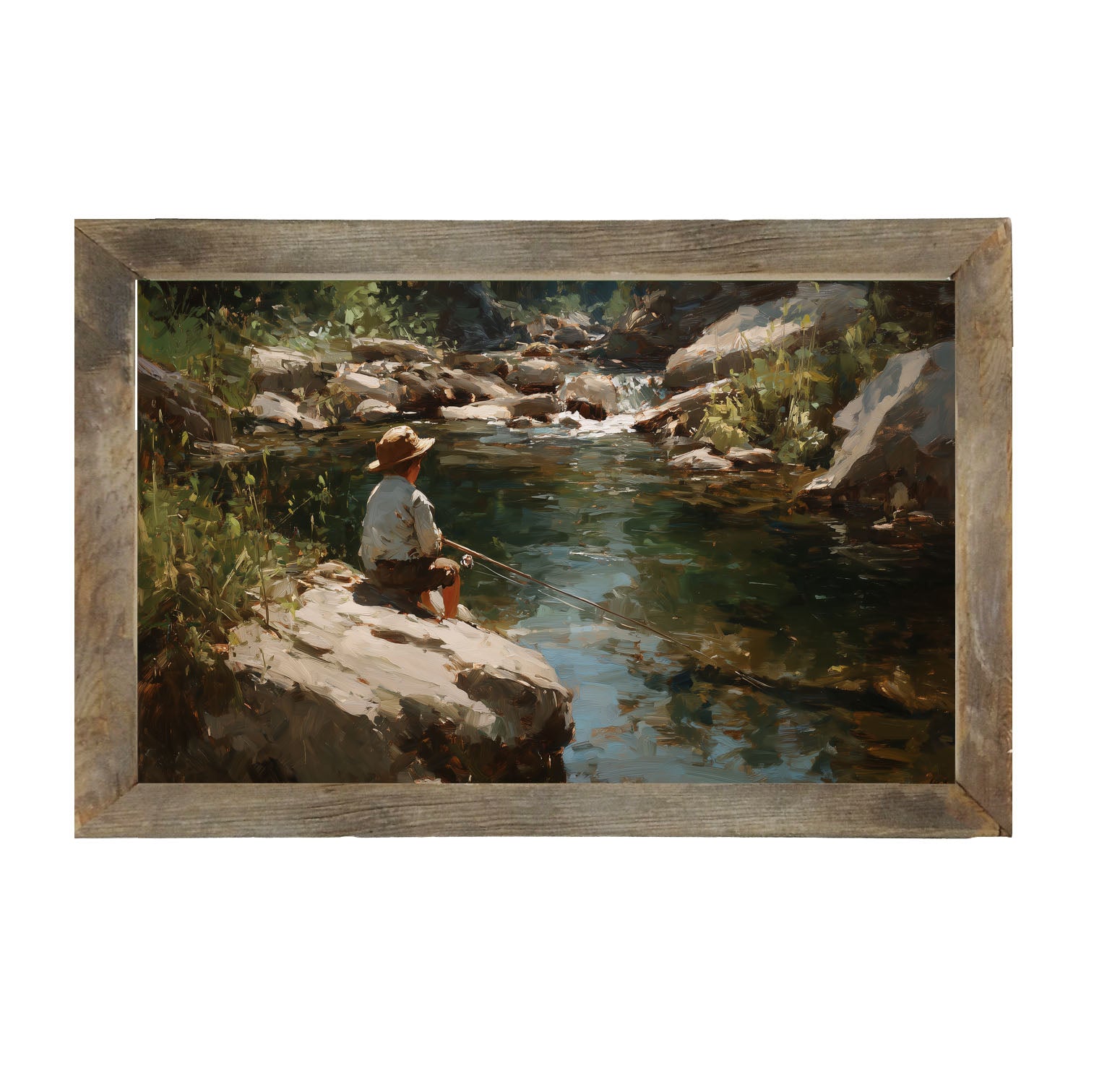 Fishing - Boy on River Rock - Framed Art