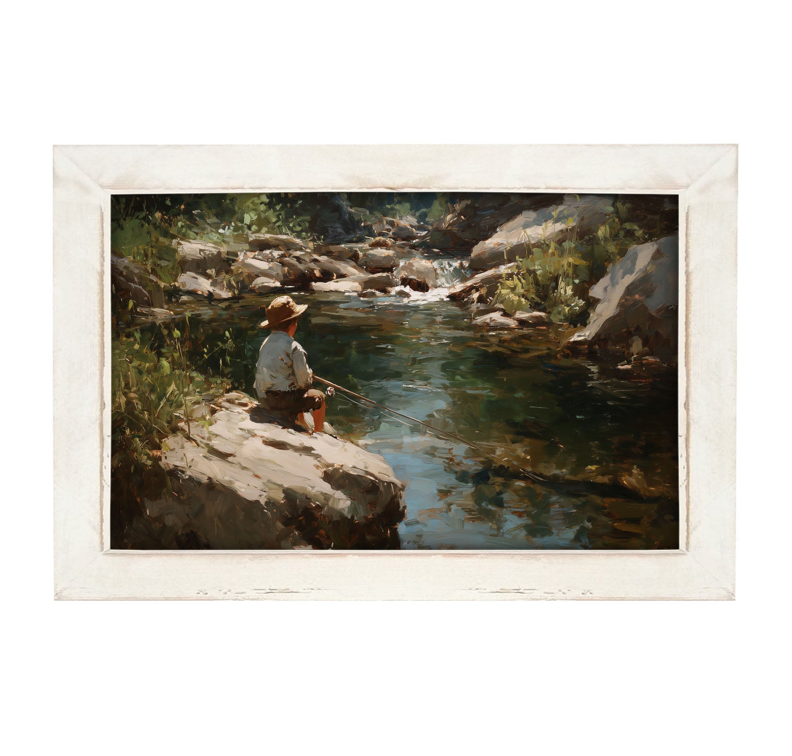 Fishing - Boy on River Rock - Framed Art