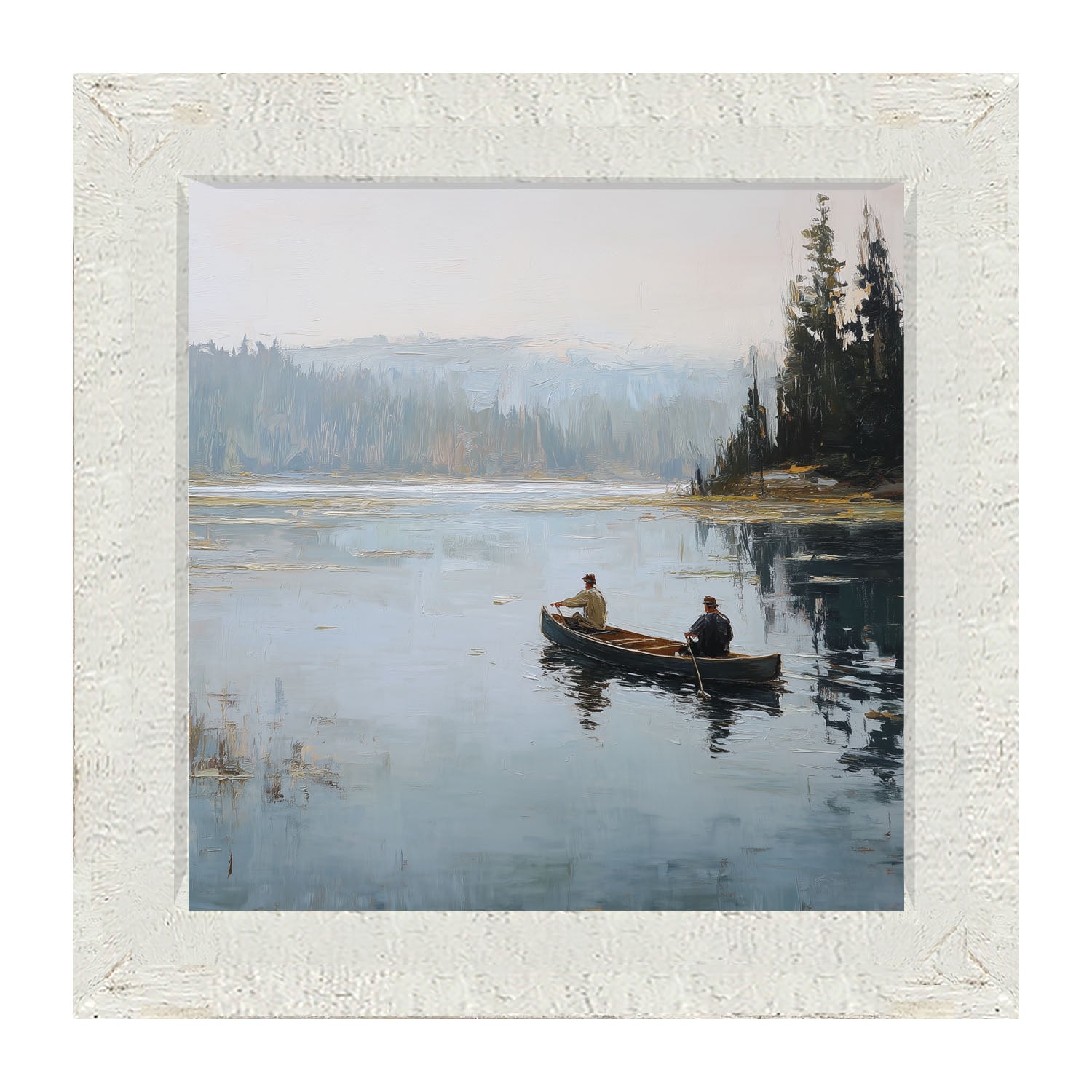 Fishing - Canoe on Lake - Framed Art