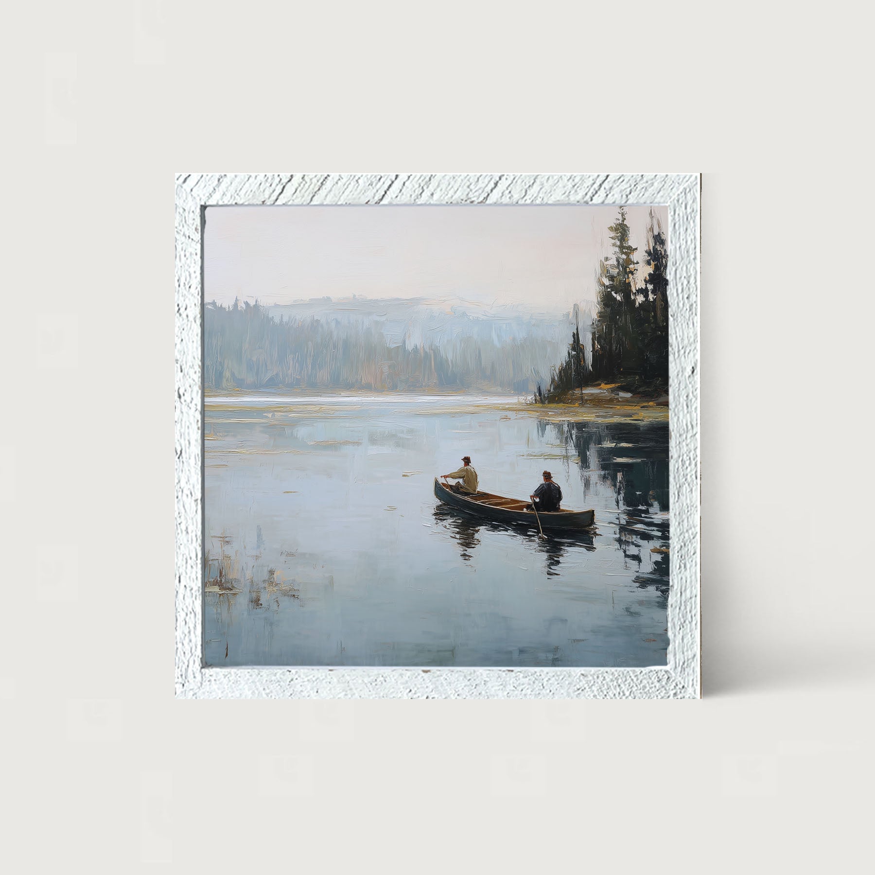 Fishing - Canoe on Lake - Framed Art