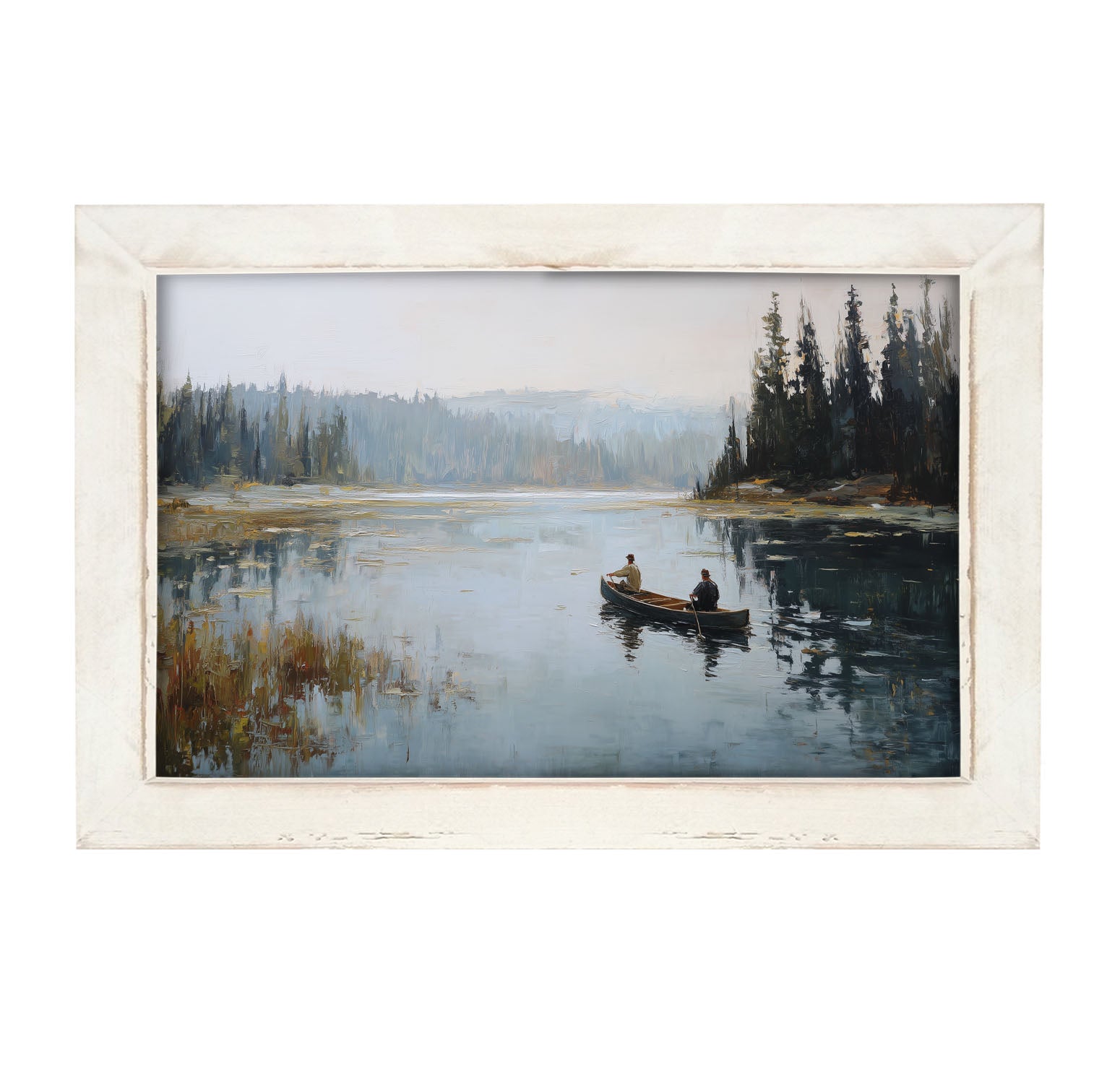 Fishing - Canoe on Lake - Framed Art