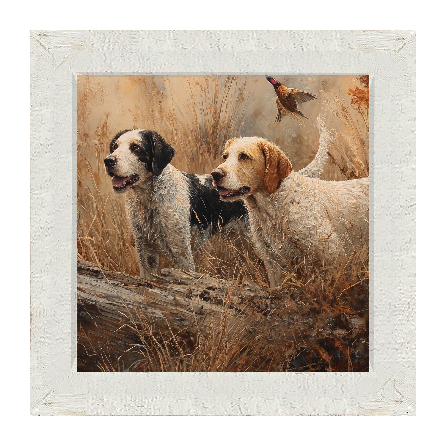 Hunting Season - Dogs near Log - Framed Art