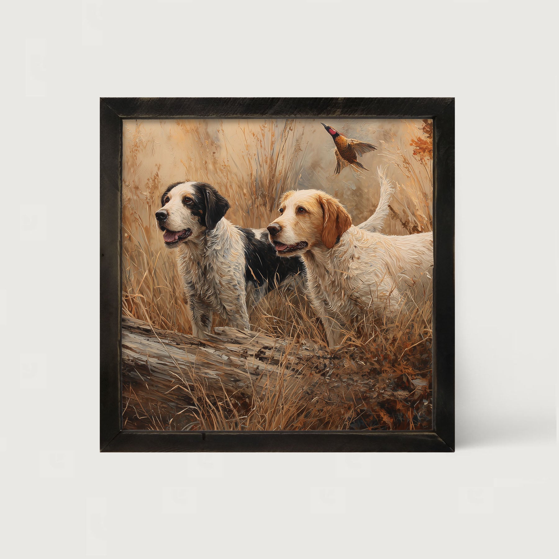 Hunting Season - Dogs near Log - Framed Art