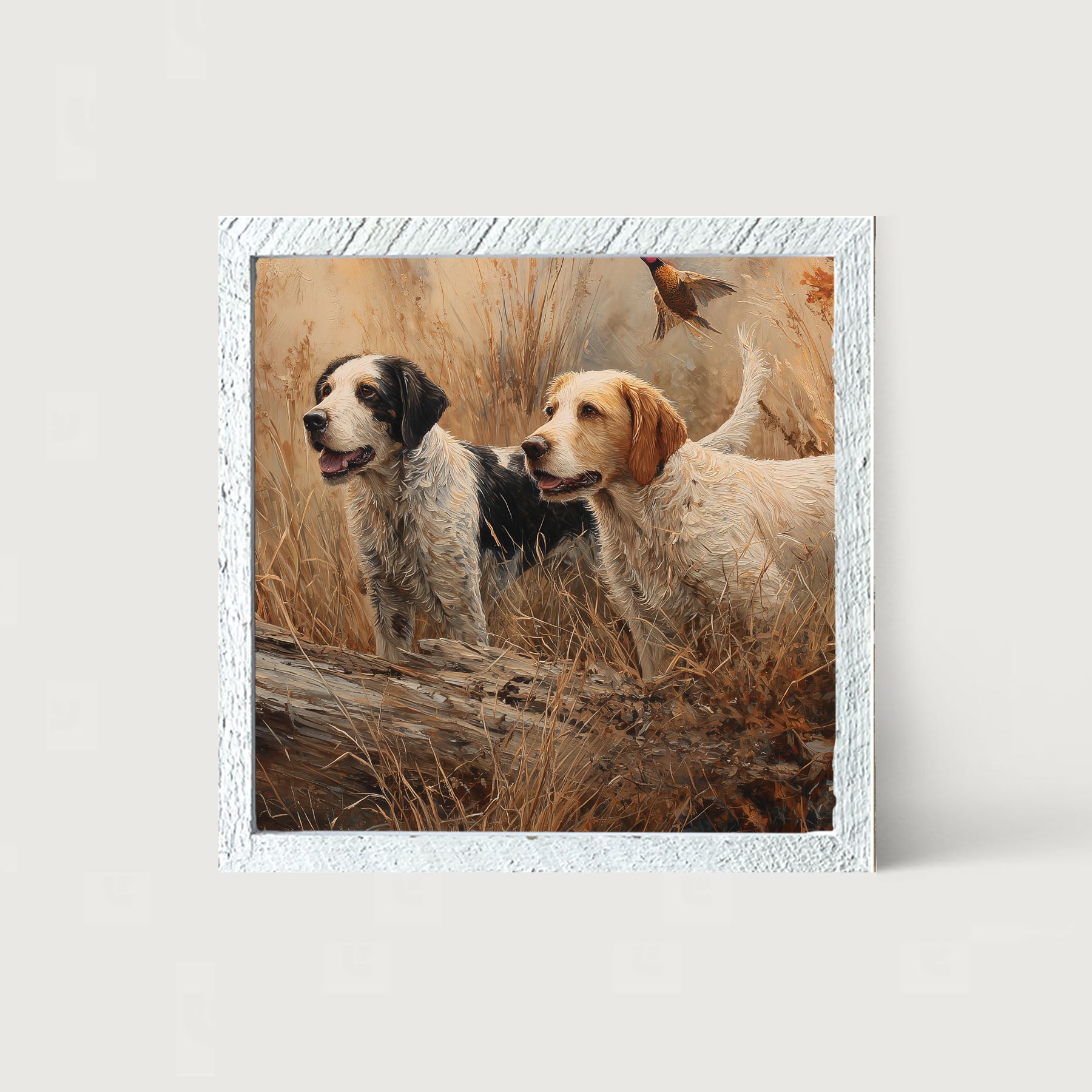 Hunting Season - Dogs near Log - Framed Art