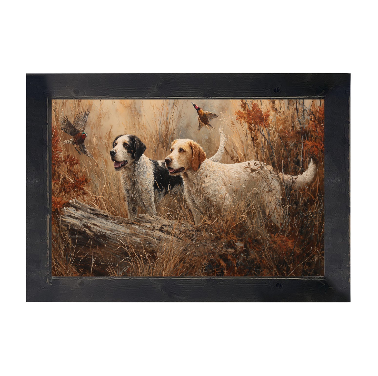 Hunting Season - Dogs near Log - Framed Art