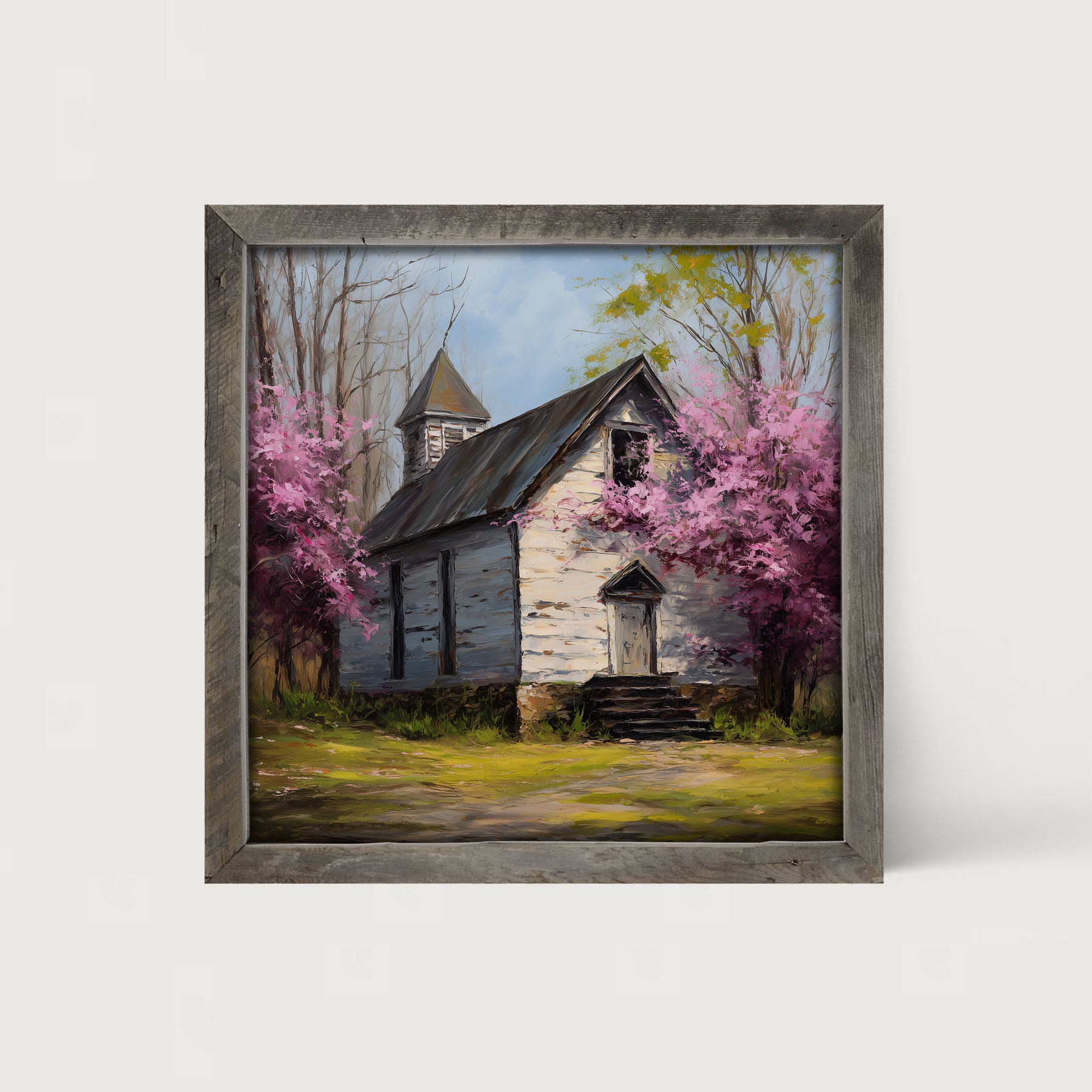 Country Church with Purple Flowering Tree