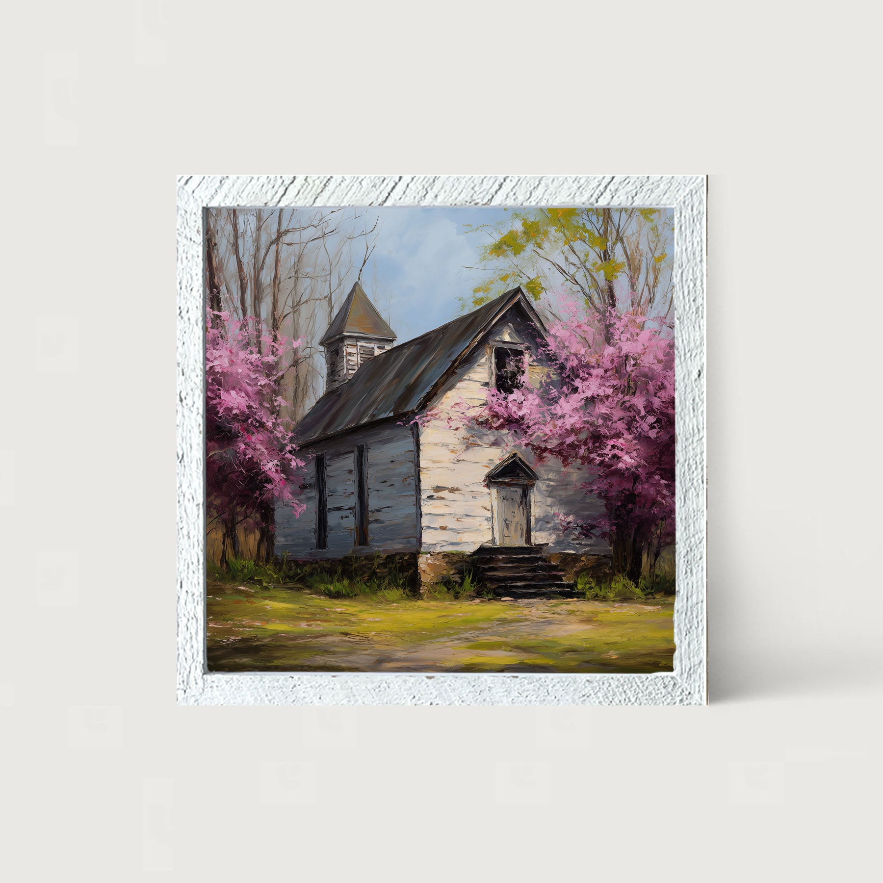 Country Church with Purple Flowering Tree
