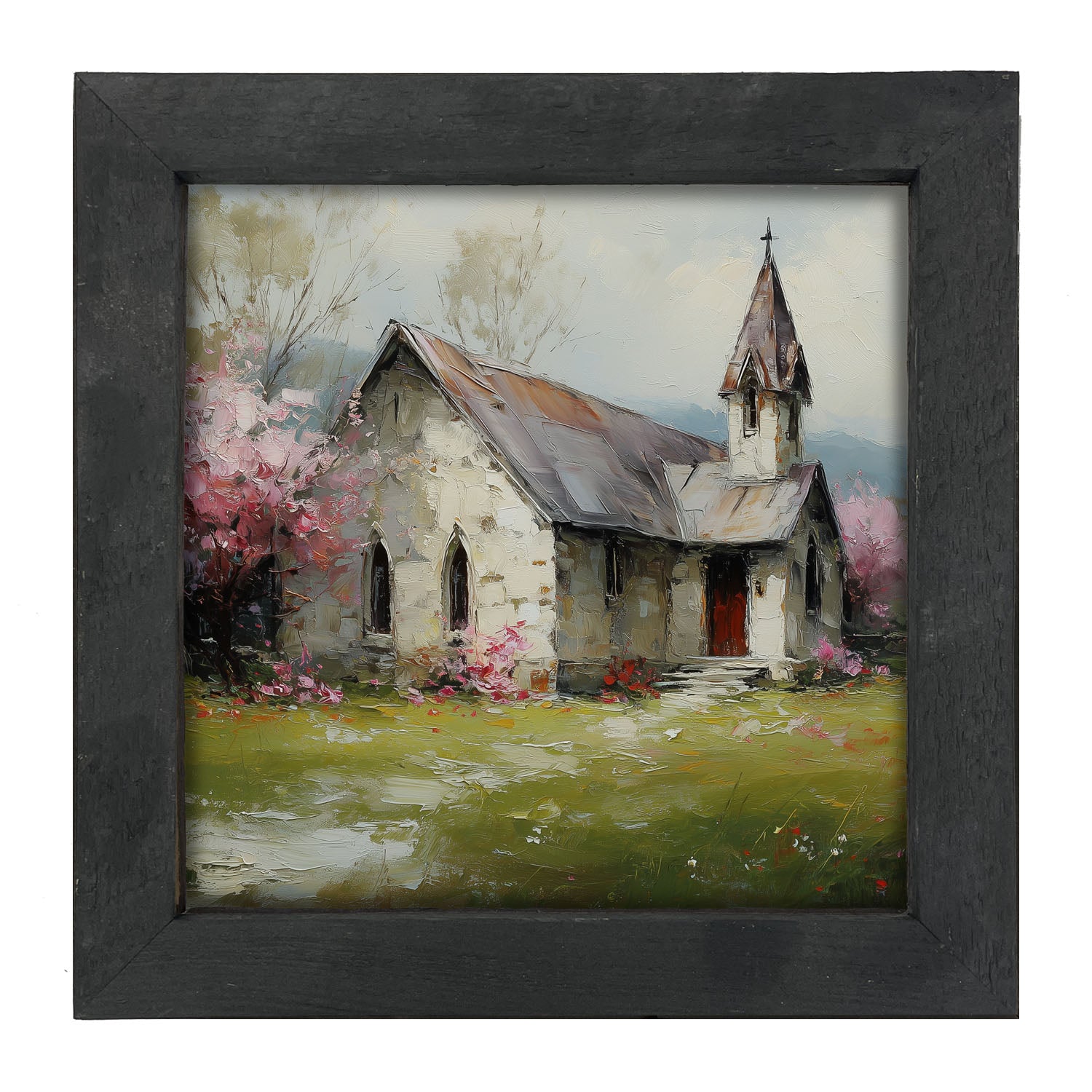 Country Church with Pink and Purple Flowering Trees - Framed Art