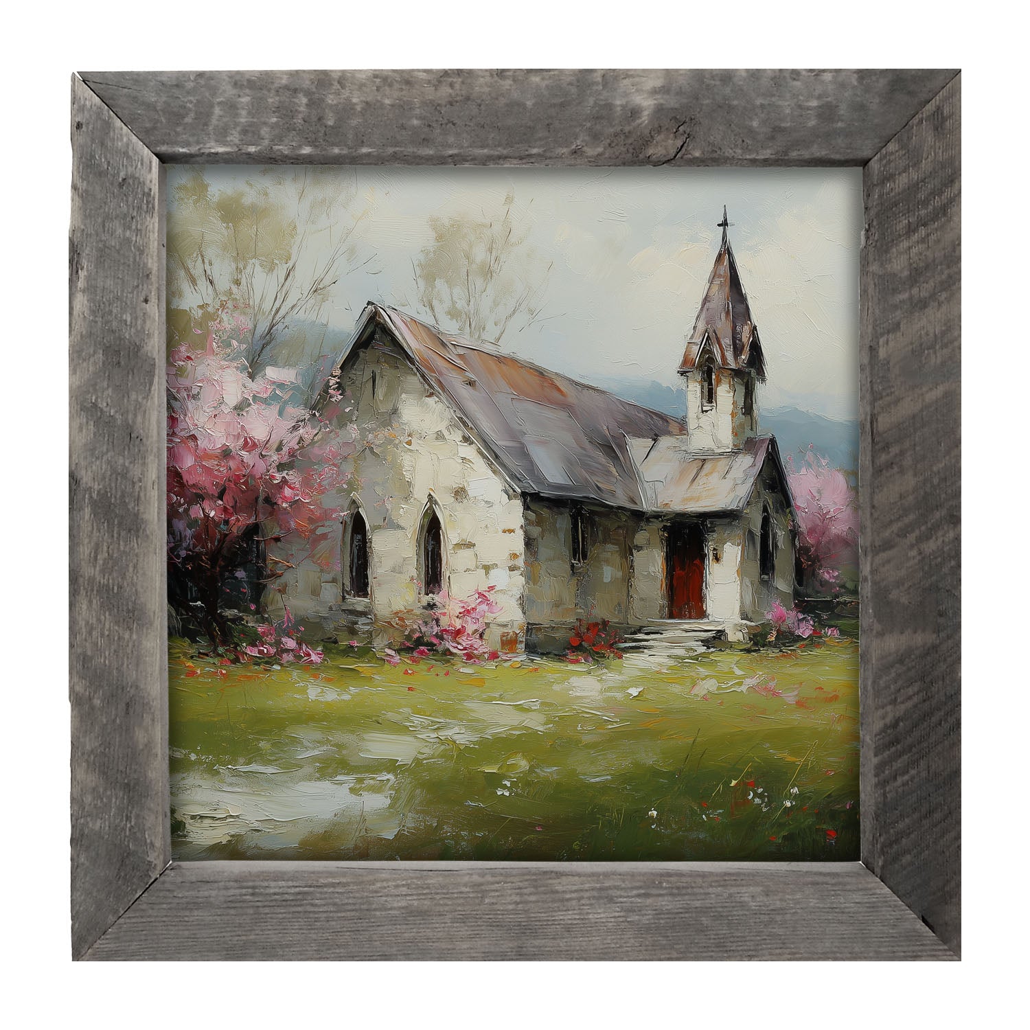 Country Church with Pink and Purple Flowering Trees - Framed Art