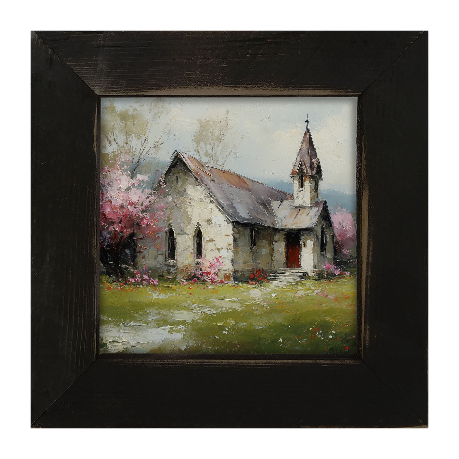 Country Church with Pink and Purple Flowering Trees - Framed Art