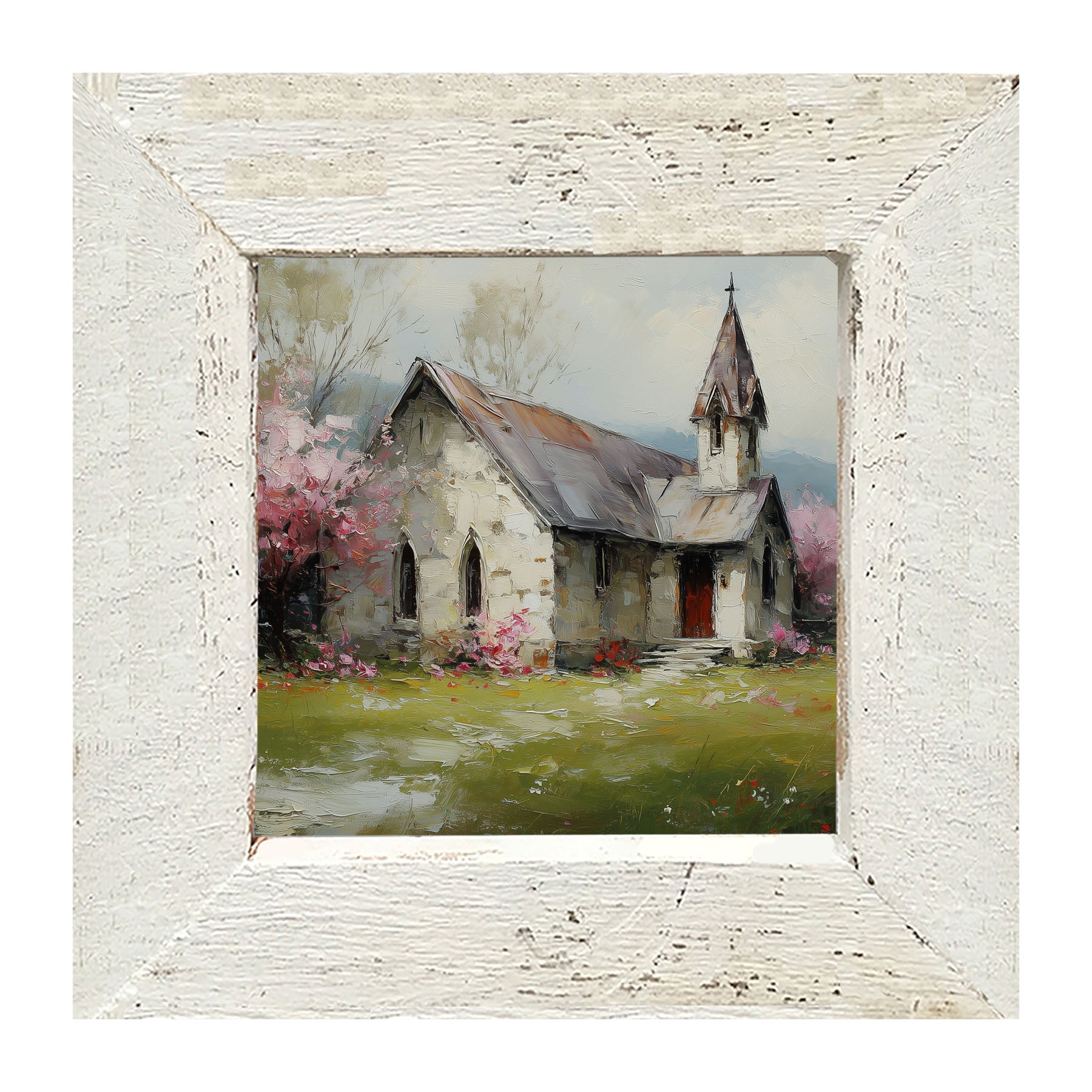 Country Church with Pink and Purple Flowering Trees - Framed Art