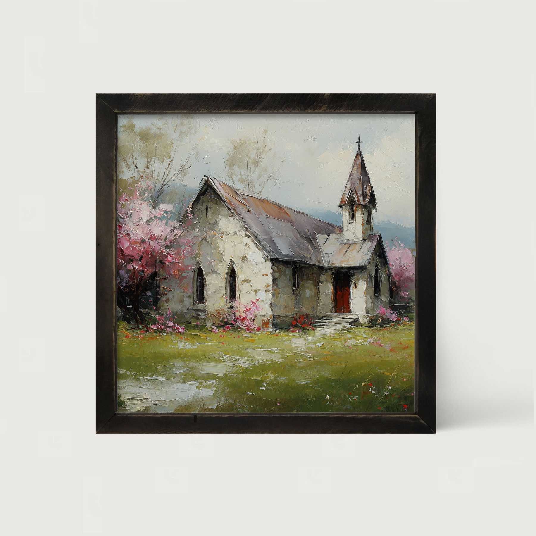 Country Church with Pink and Purple Flowering Trees