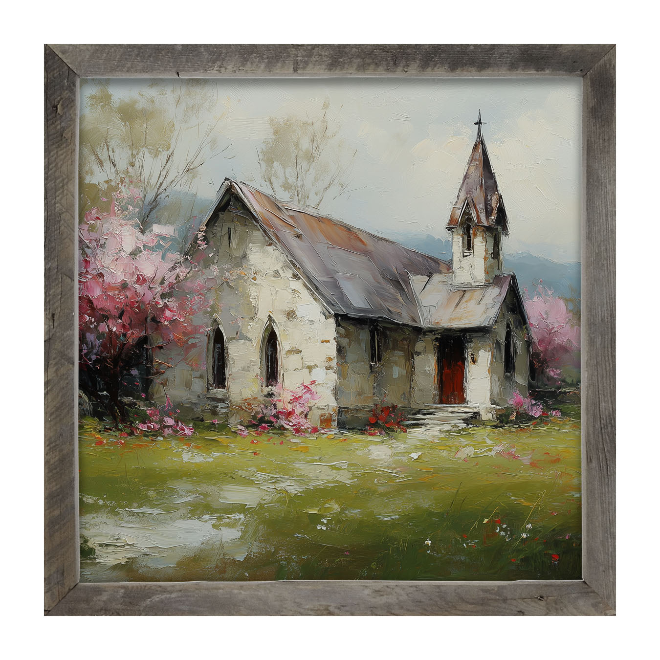 Country Church with Pink and Purple Flowering Trees - Framed Art
