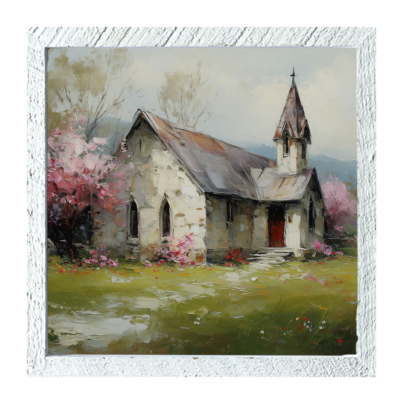 Country Church with Pink and Purple Flowering Trees - Framed Art