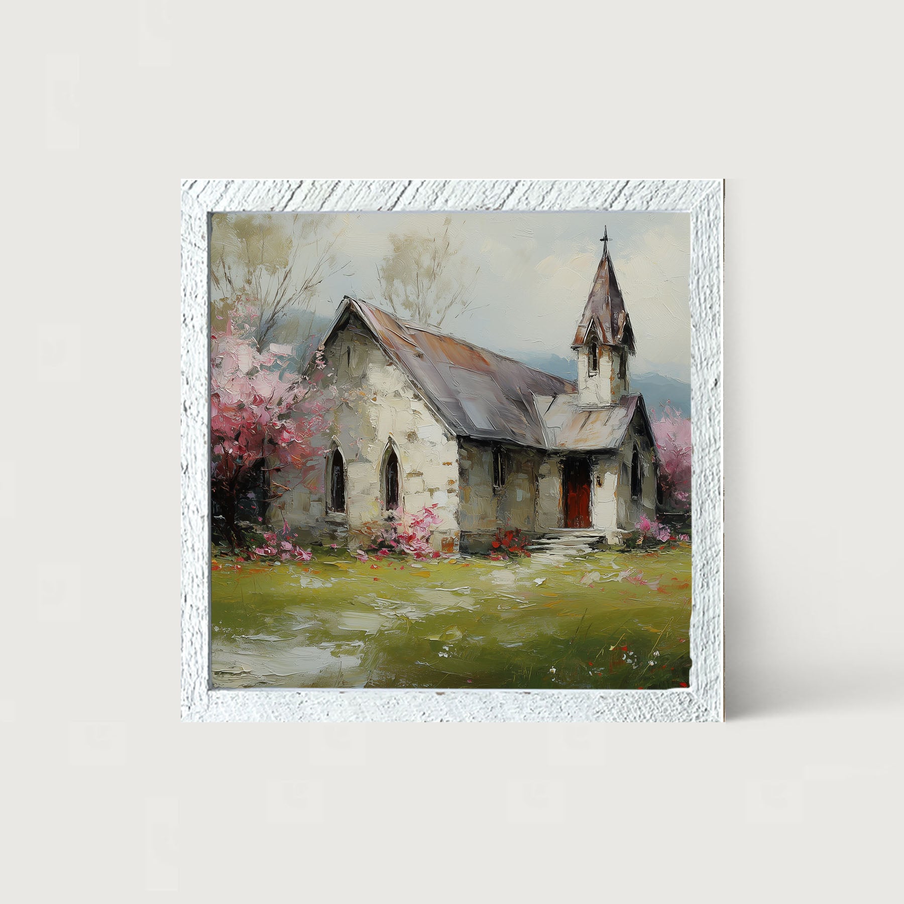 Country Church with Pink and Purple Flowering Trees