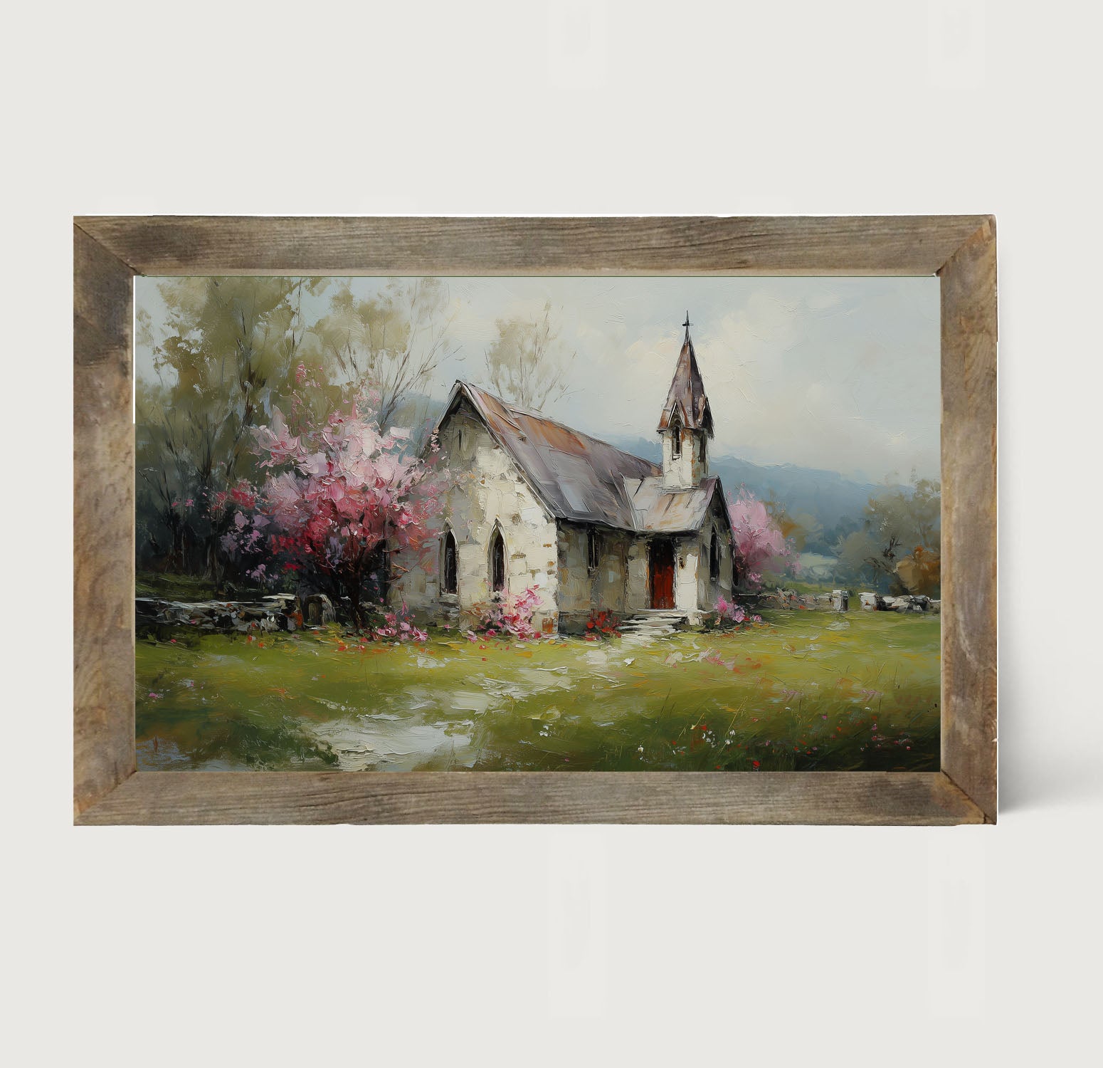 Country Church with Pink and Purple Flowering Trees