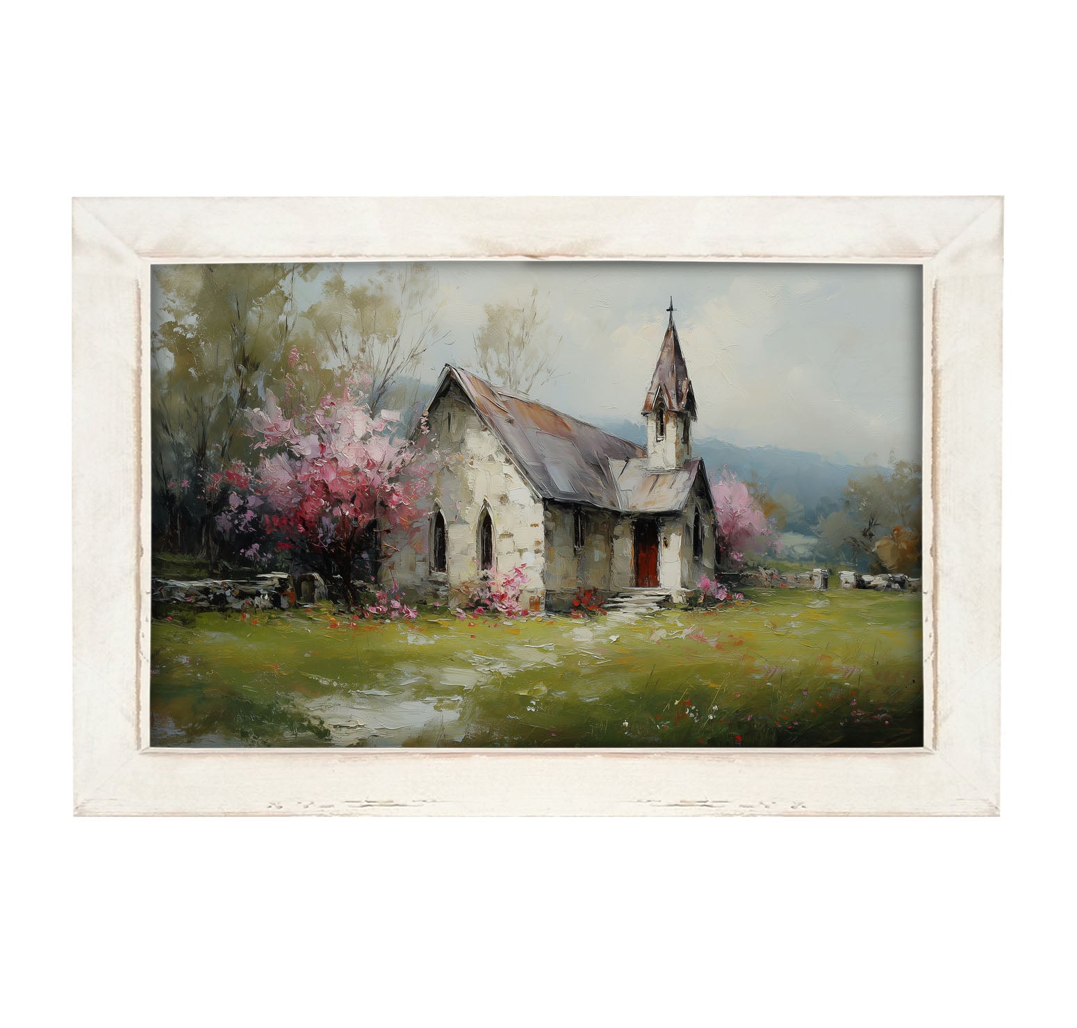 Country Church with Pink and Purple Flowering Trees - Framed Art