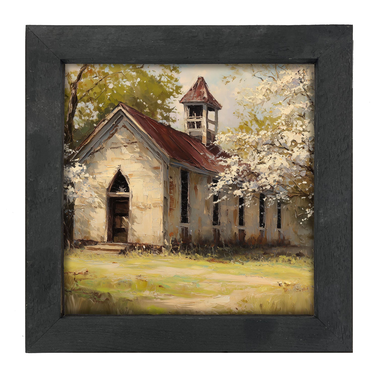 Country Church with White Flowering Trees - Framed Art