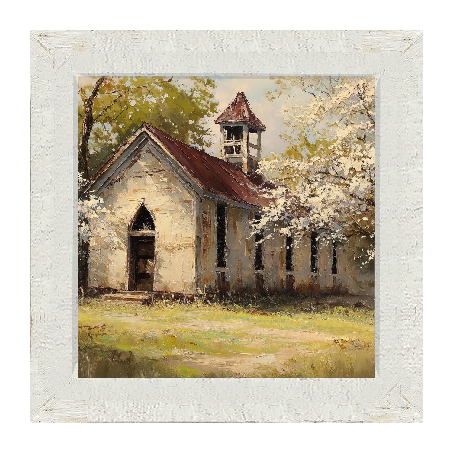 Country Church with White Flowering Trees - Framed Art