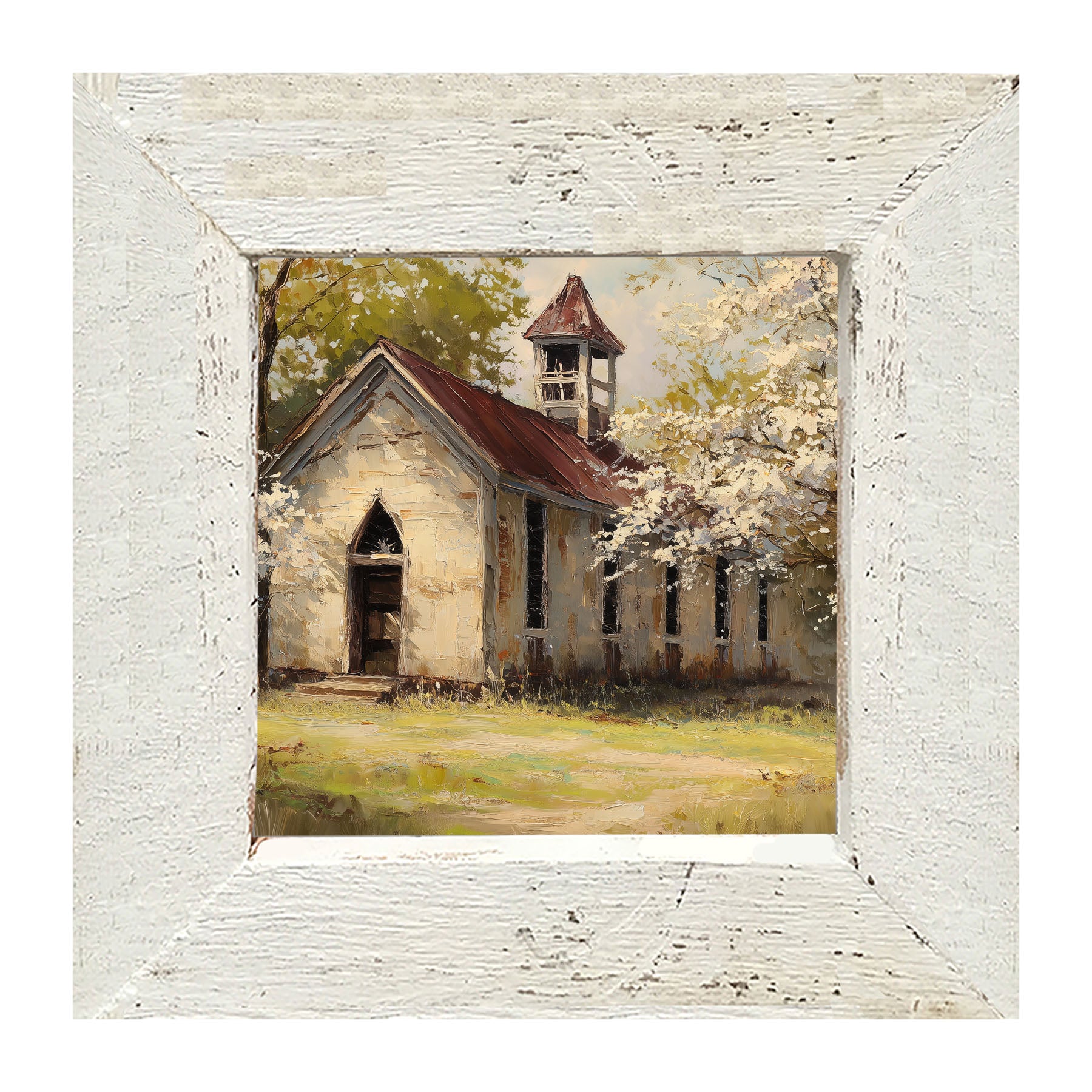 Country Church with White Flowering Trees - Framed Art