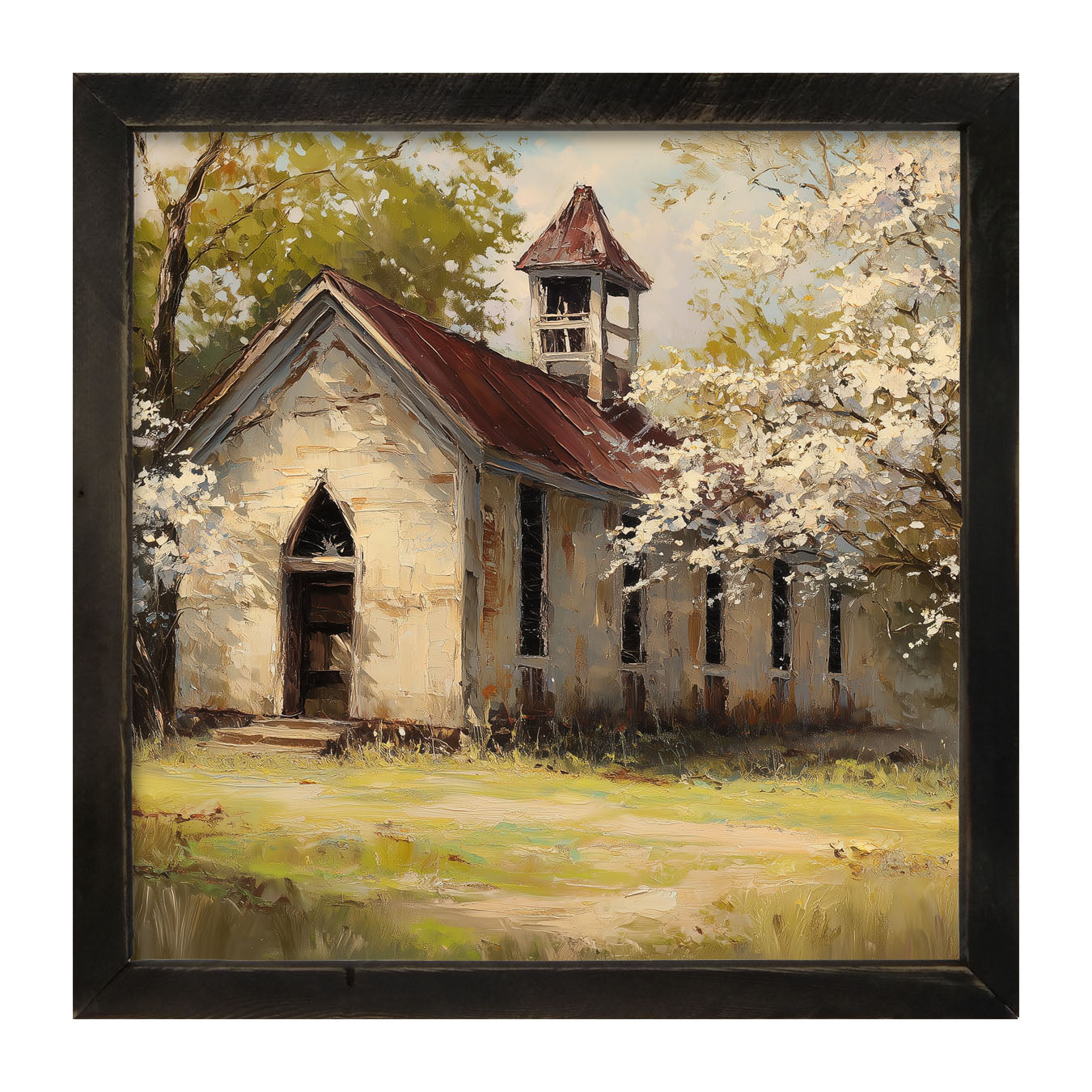 Country Church with White Flowering Trees - Framed Art