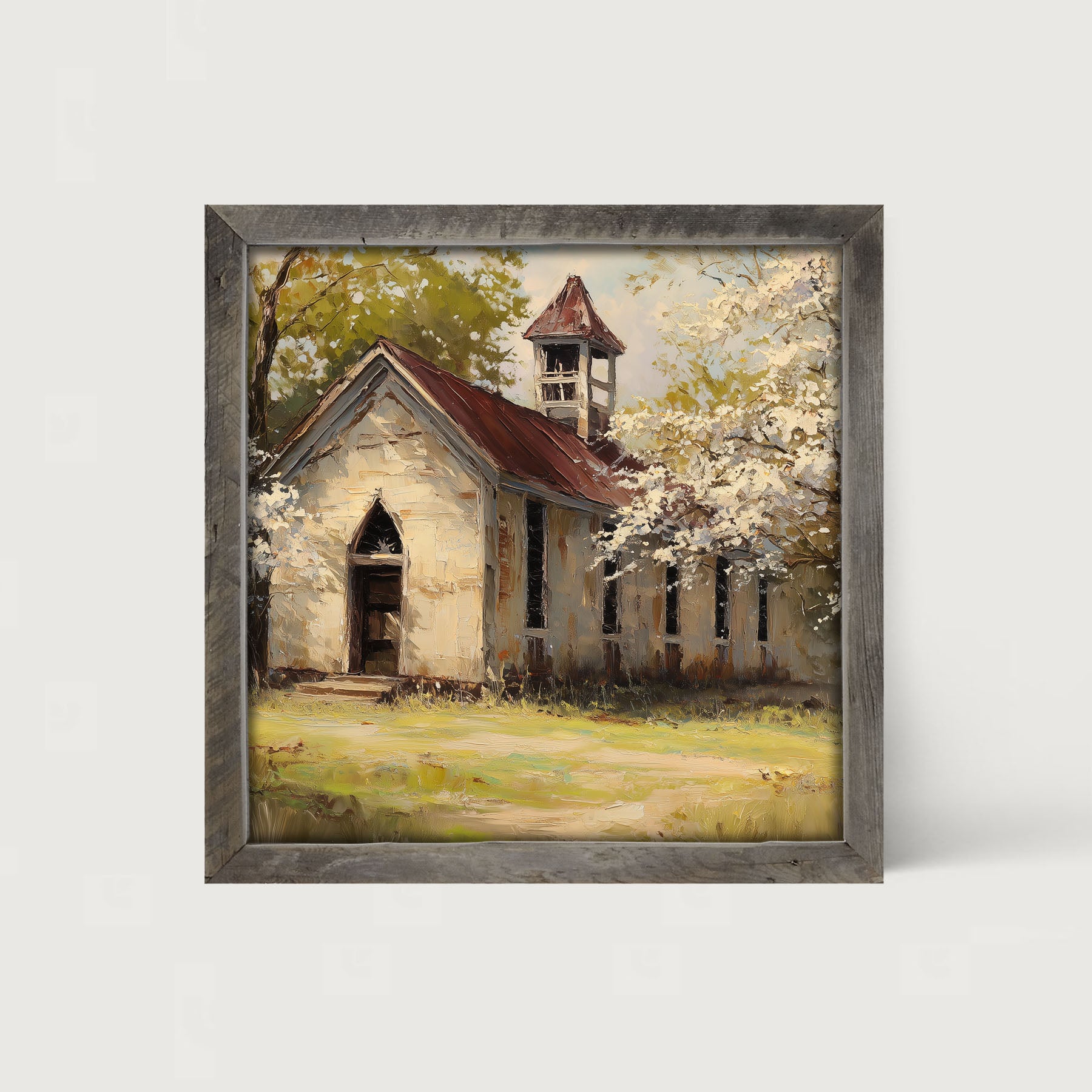 Country Church with White Flowering Trees - Framed Art