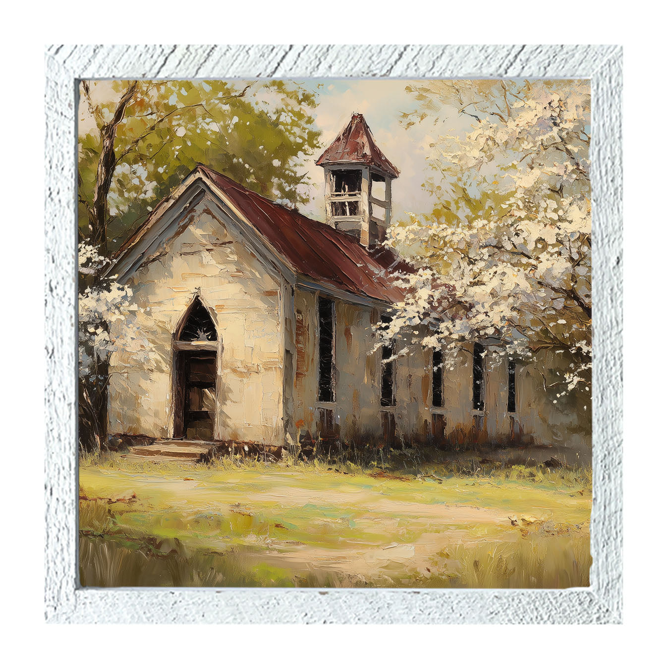 Country Church with White Flowering Trees - Framed Art