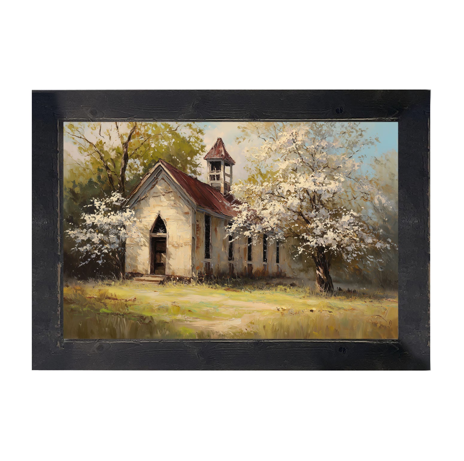 Country Church with White Flowering Trees - Framed Art