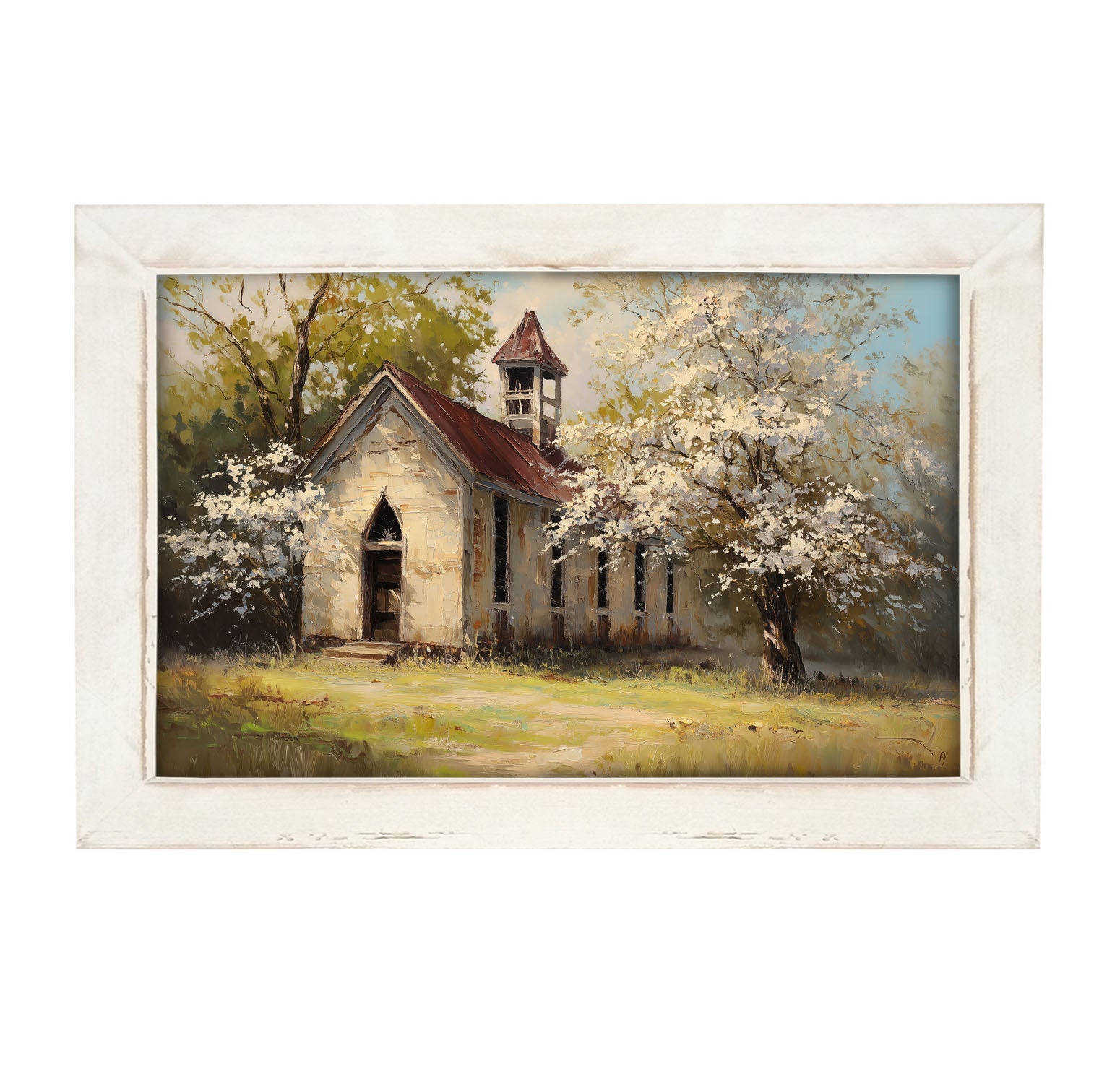 Country Church with White Flowering Trees - Framed Art