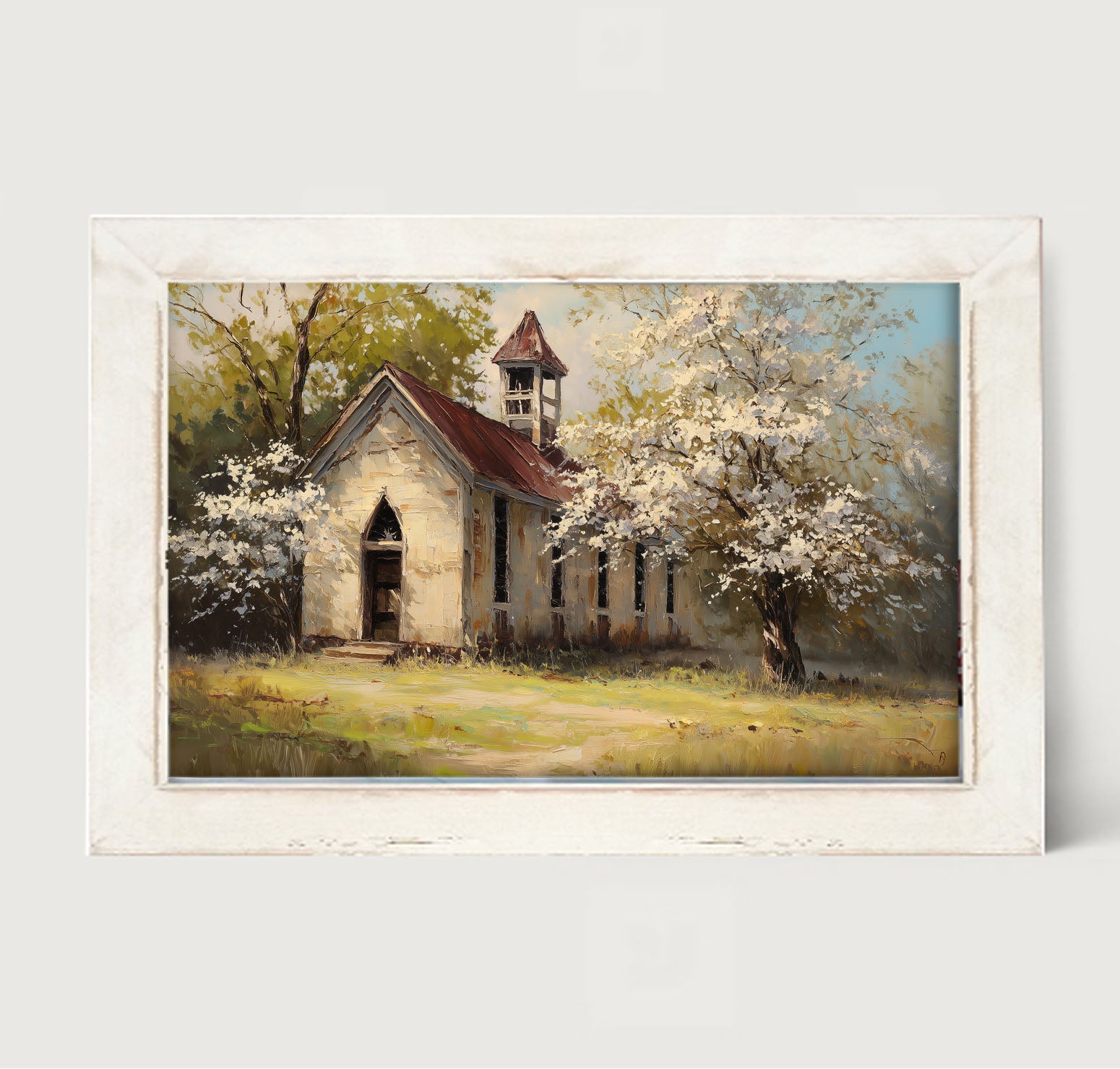 Country Church with White Flowering Trees - Framed Art