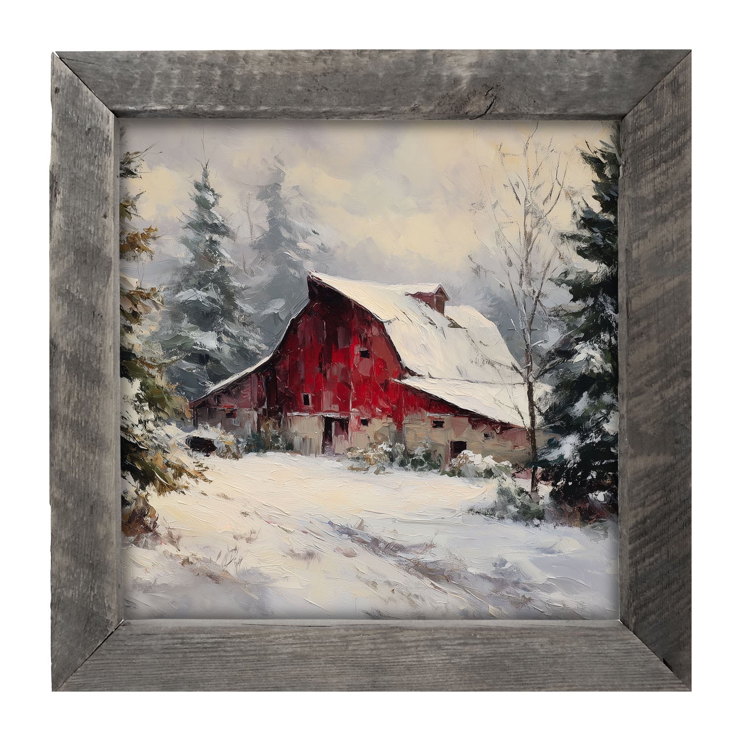 Red Country Barn in Winter - Framed Art