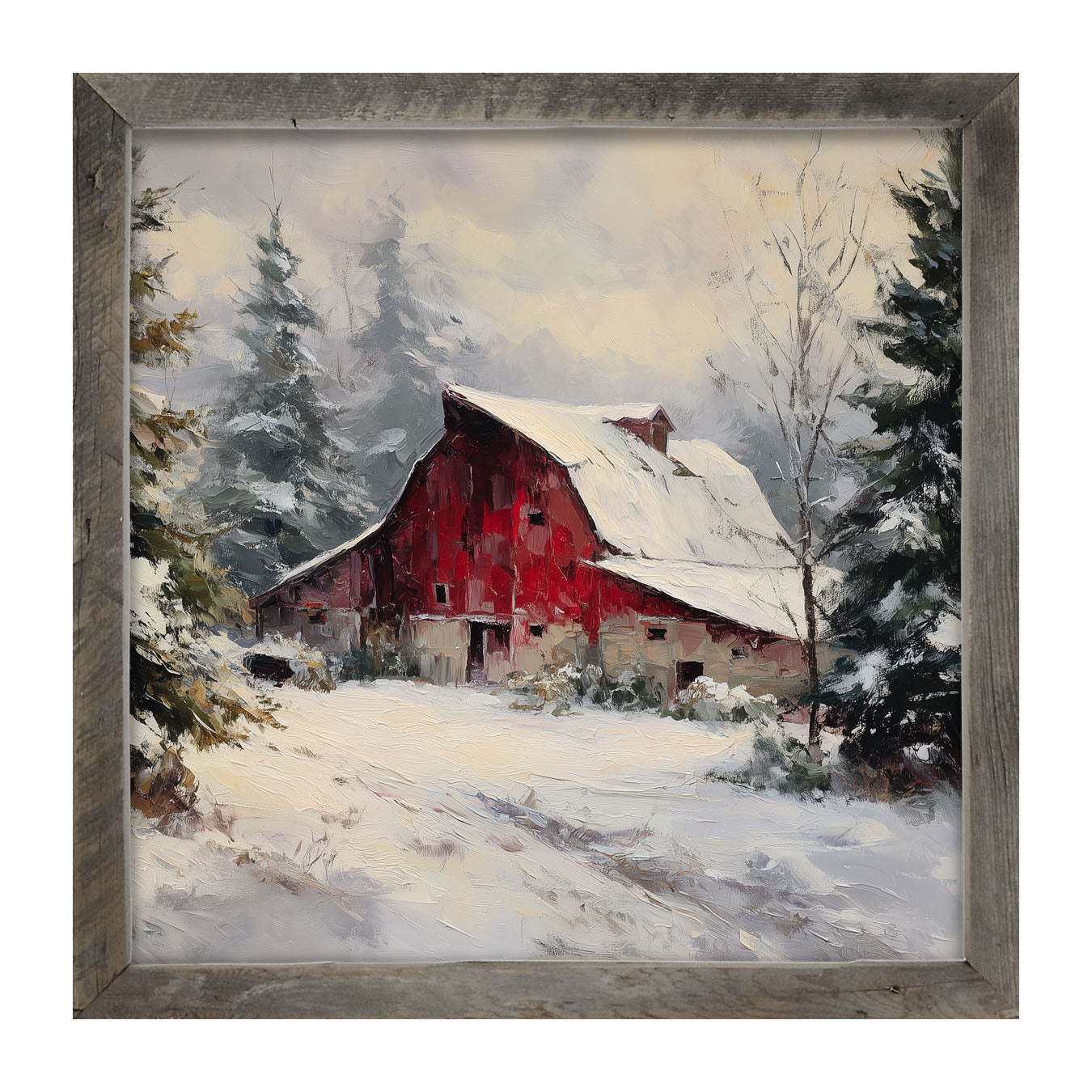 Red Country Barn in Winter - Framed Art