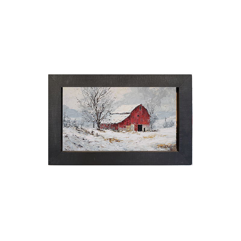 Country Winter - Red Barn near Tree - Framed Art