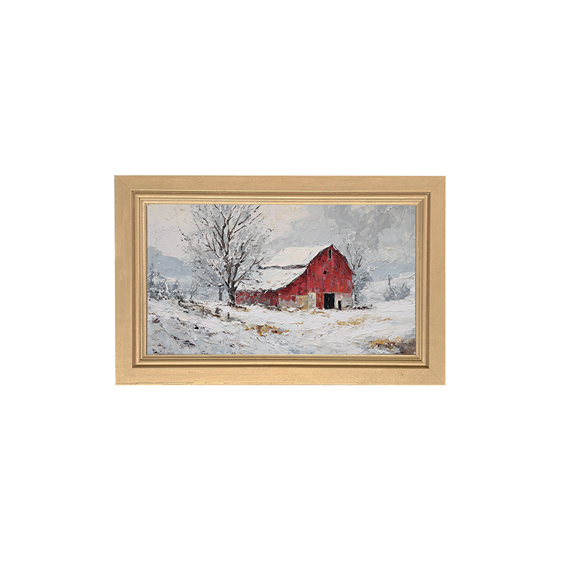 Country Winter - Red Barn near Tree - Framed Art