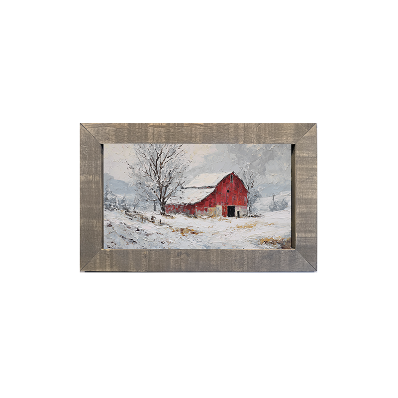 Country Winter - Red Barn near Tree - Framed Art
