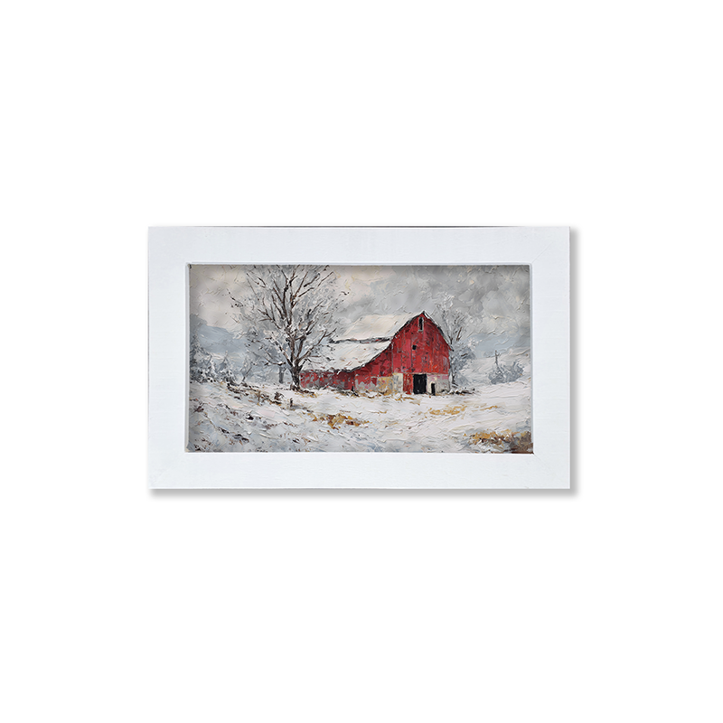 Country Winter - Red Barn near Tree - Framed Art
